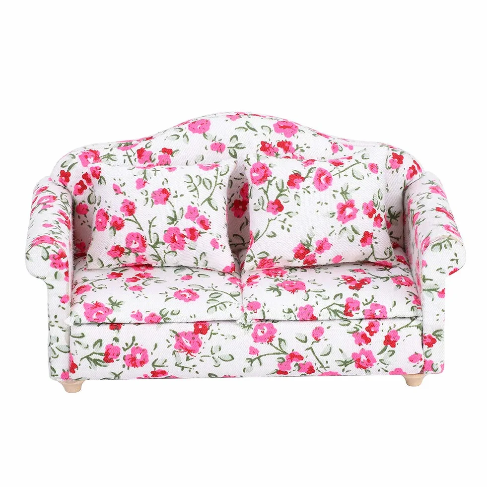 Mini Sofa Domek dla lalek, Akcesoria do dekoracji domku dla lalek Wzór kwiatowy Mini Meble Podwójna sofa dla lalki w skali 1/12 małe skupiska kwiatów