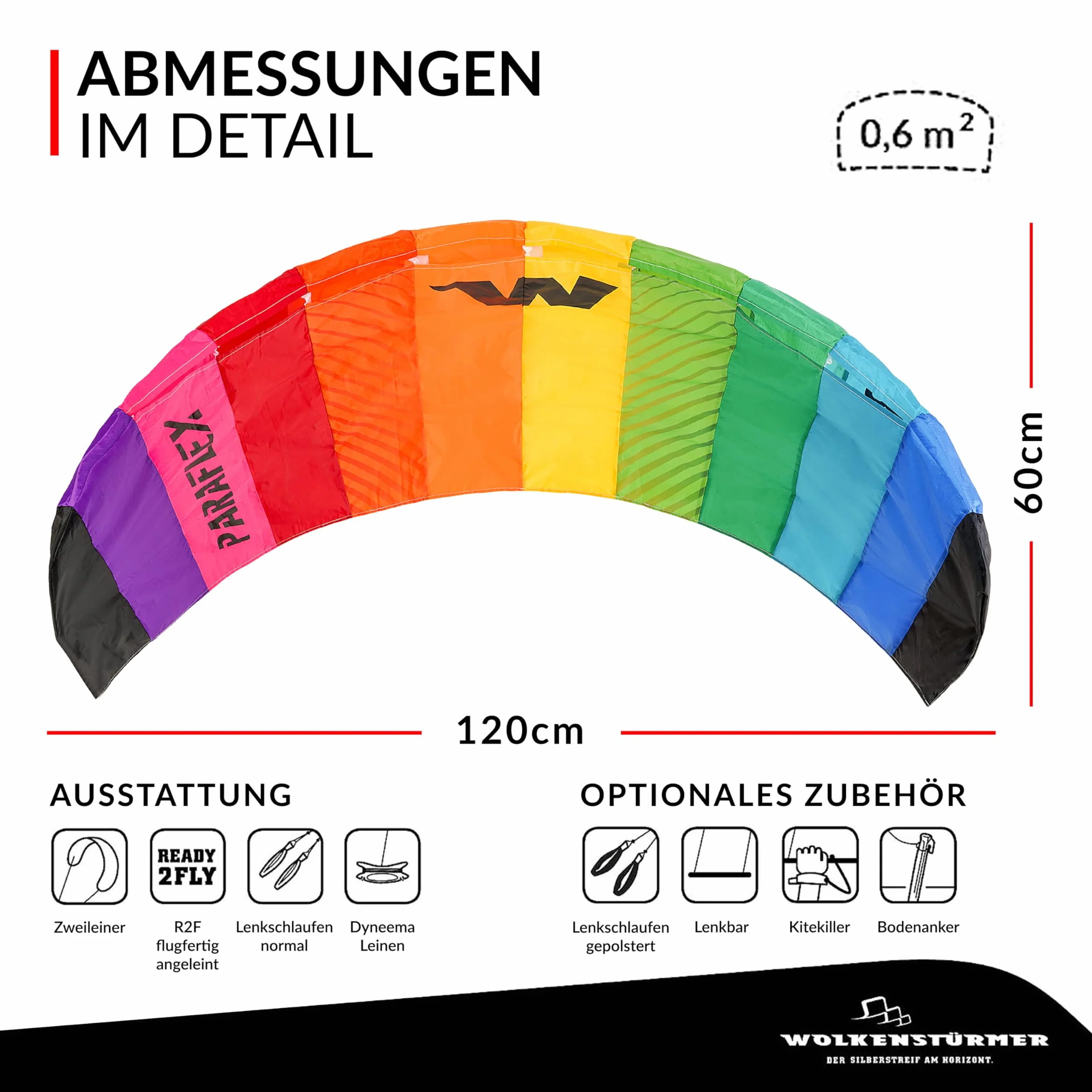 Wolkenstürmer® Paraflex Basic 1.2 (Rainbow) Latawiec – 2-linowa mata do kierowania z pętlami do latania – latawiec dla dzieci od 6 lat