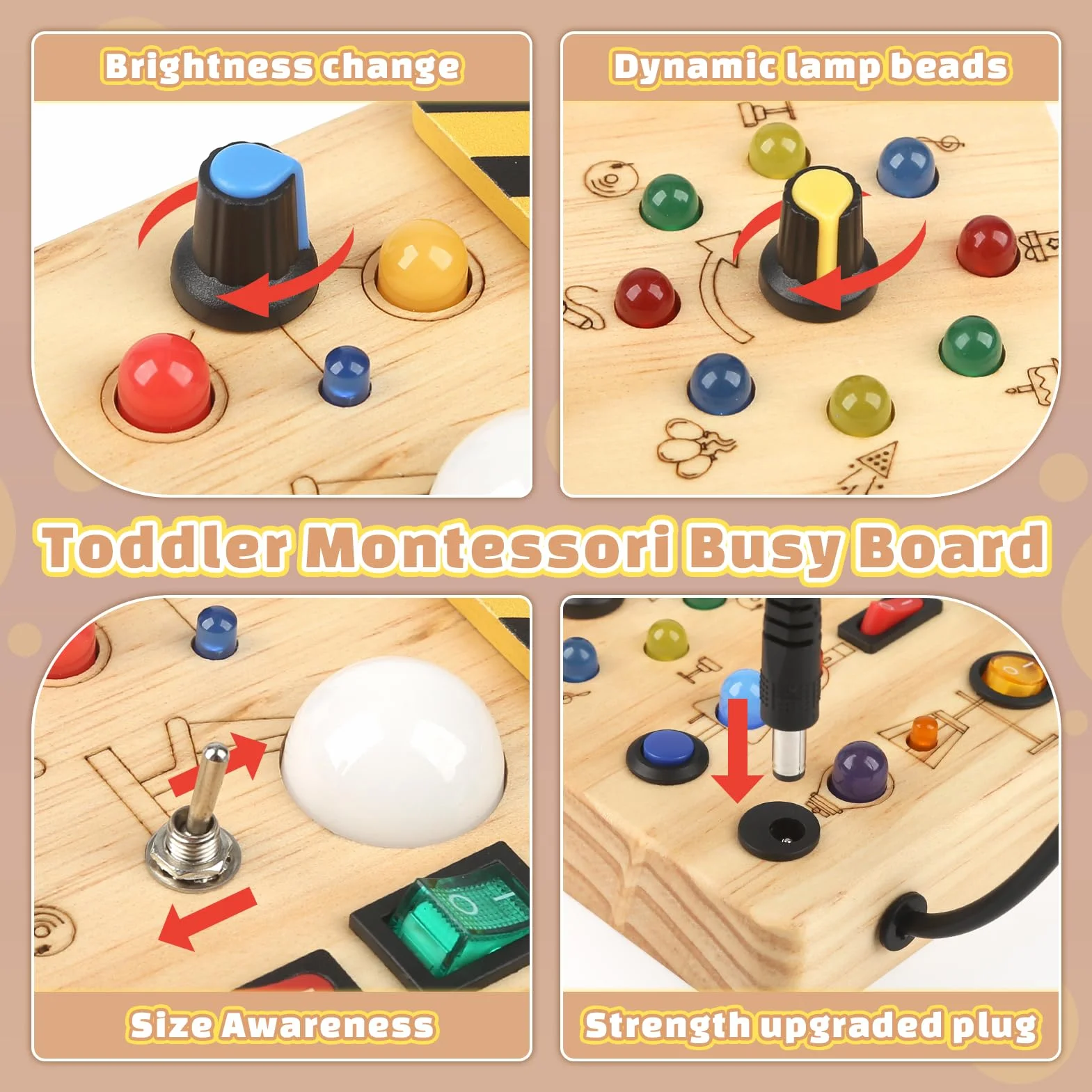 Joyreal Busy Board Baby Montessori zabawka dla dzieci od 1 roku życia, zabawka motoryczna z 19 diodami LED, zabawka sensoryczna, drewniana zabawka edukacyjna, prezent dla chłopców i dziewczynek od 1
