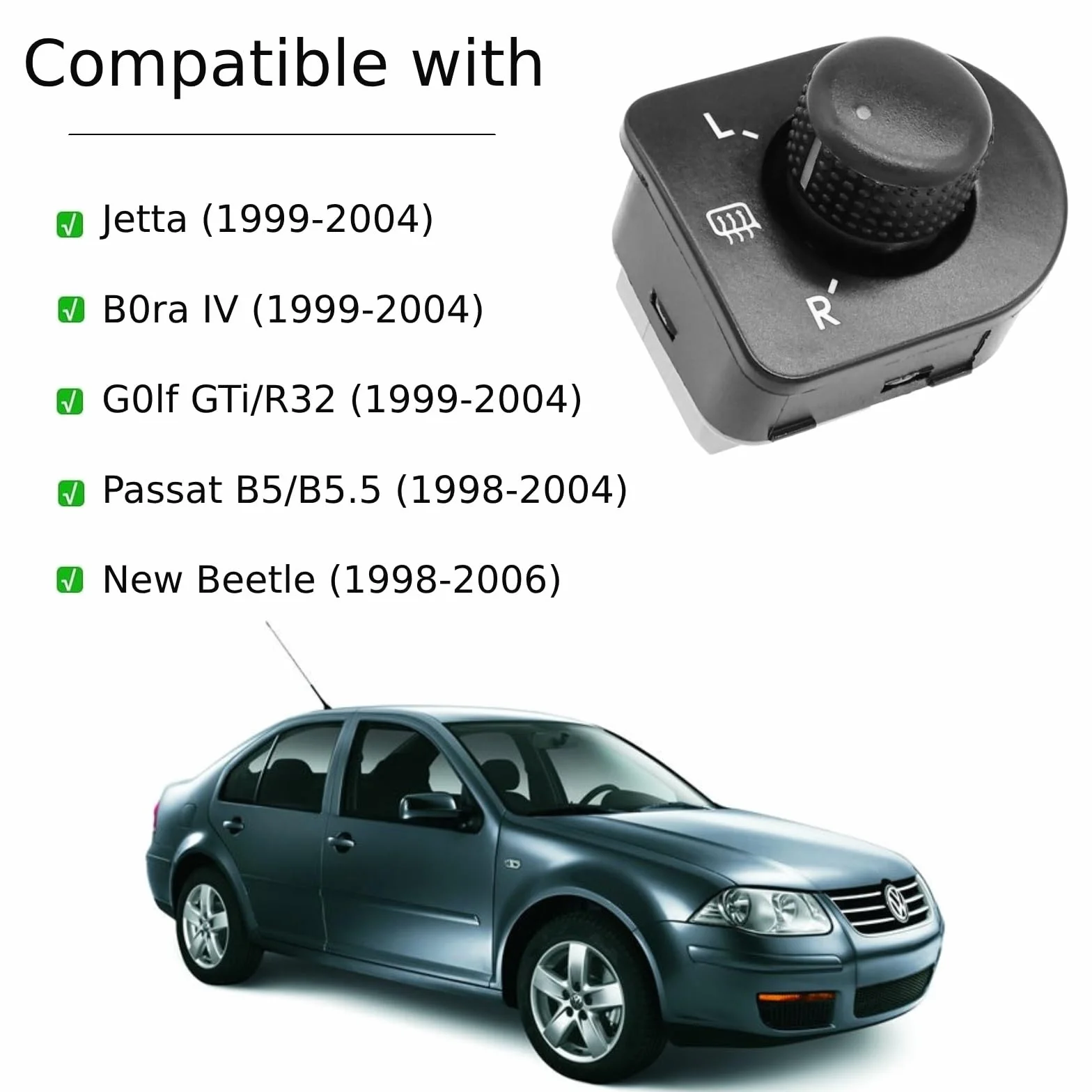 Twowinds Przycisk lusterka wstecznego kompatybilny VW Jetta Golf 4 Passat 1998-2004 New Beetle 1998-2006 Drzwi przednie lewe strona kierowcy 1J1959565F