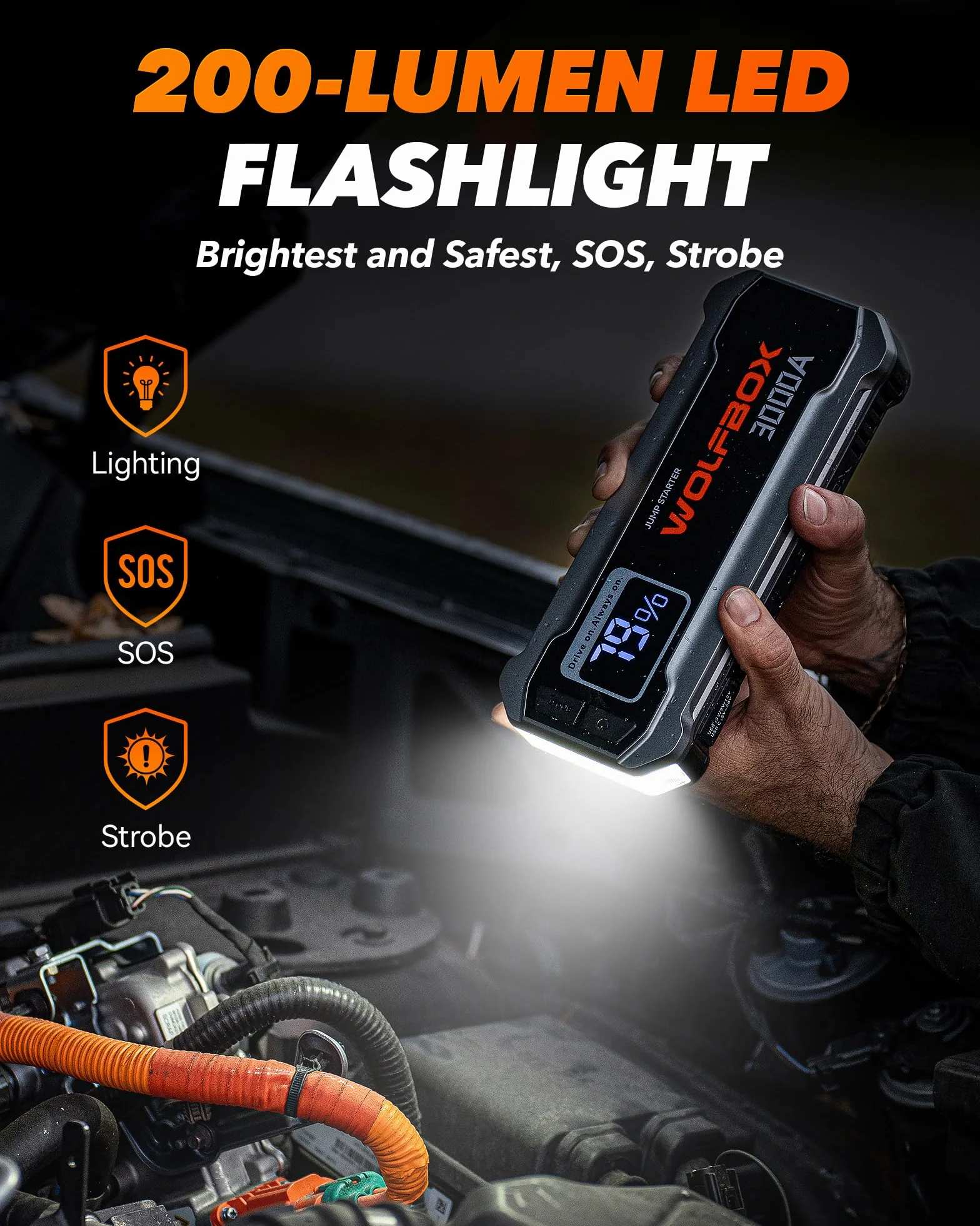 WOLFBOX Jump Starter 3000 A 12 V 65 W do silnika wysokoprężnego 8 l 6 l z kablem rozruchowym i światłem LED