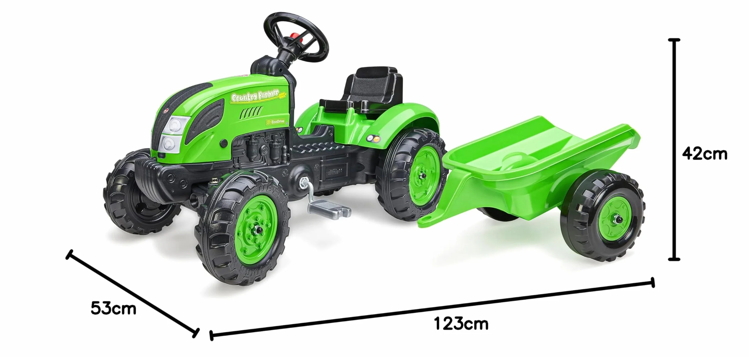 Falk - Traktor na pedały Country Farmer Green z przyczepą - Od 2 lat - Wyprodukowano we Francji - Konfigurowalna tablica rejestracyjna - Kierownica kierunkowa z klaksonem - 2057L