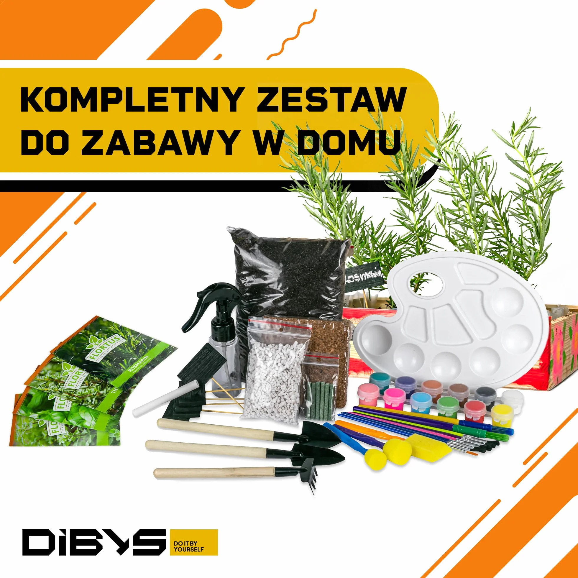 DIBYS Zestaw do Uprawy dla Dzieci | Kompletny Zestaw Ogrodowy z Nasionami Ziół, Drewnianymi Narzędziami, Ziemią, Farbami i Skrzynką do Malowania | Kreatywny Pomysł na Prezent | Zestaw Roślin