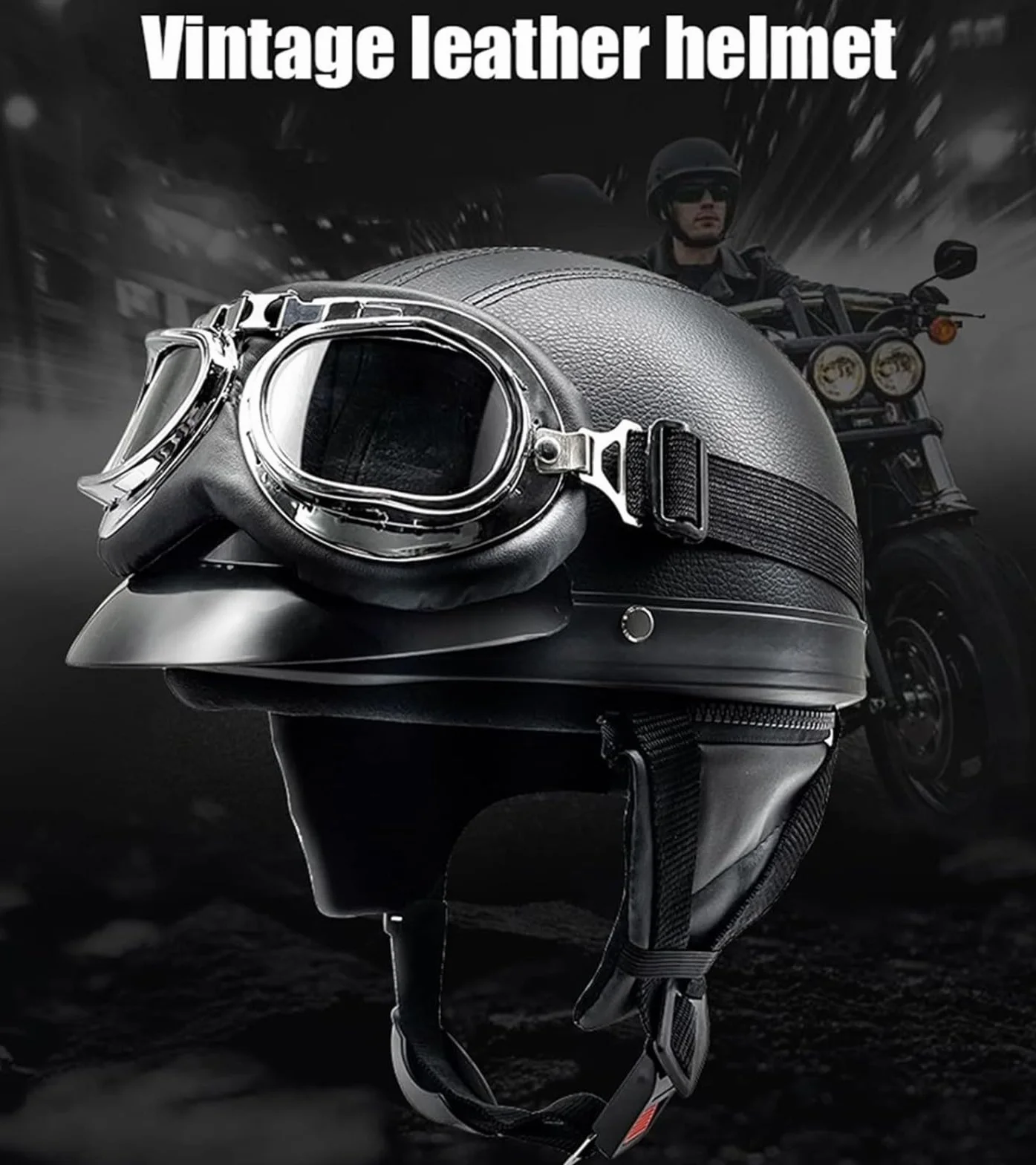 Kask motocyklowy retro skórzany pół twarzy ECE/DOT vintage otwarty z goglami
