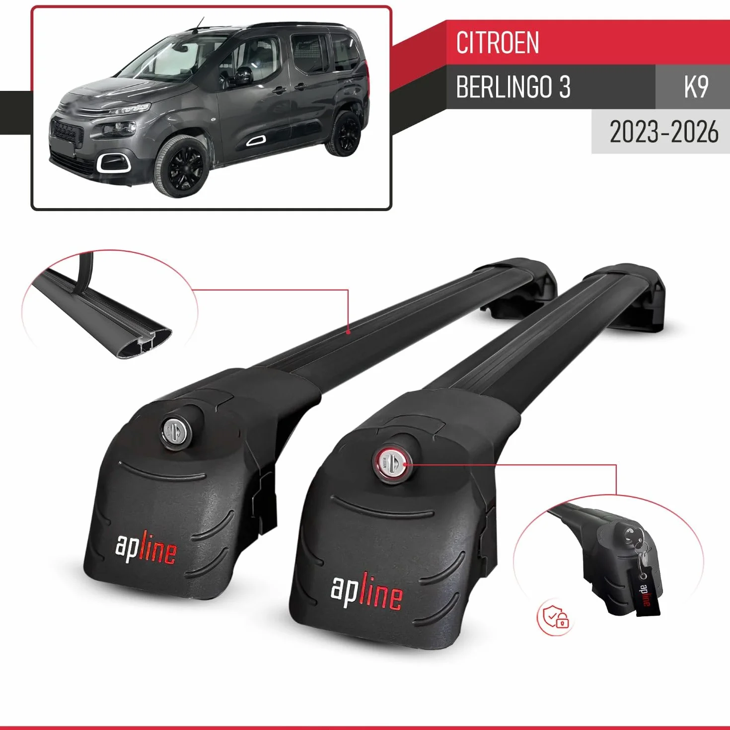 Bagażnik dachowy kompatybilny z Citroen Berlingo 3 (K9) 2023-2025 ACE-2, bagażnik dachowy, czarny, aluminium, 2 drążki
