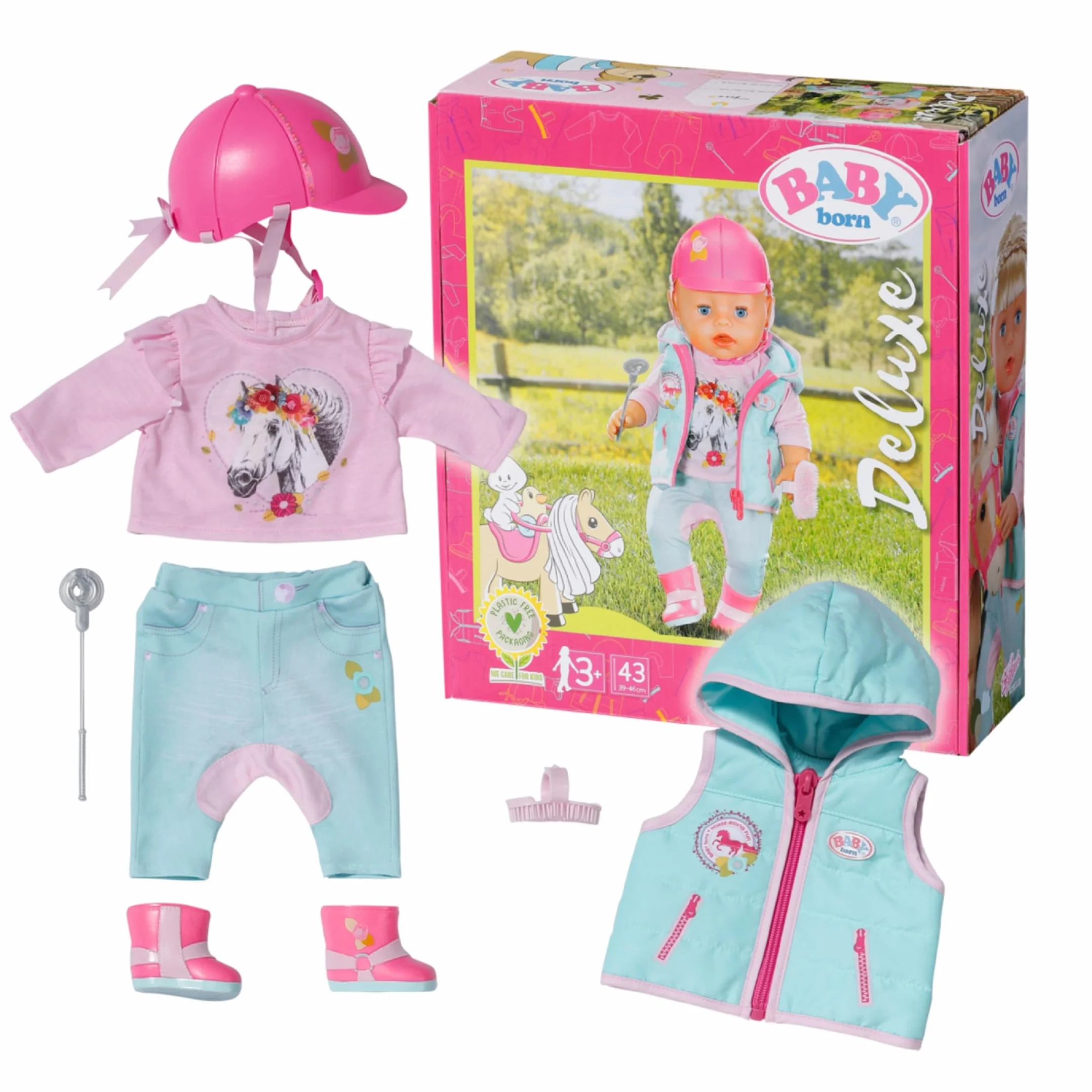 BABY born Strój Deluxe Rider 831175 - zawiera spodnie, buty, kask, koszulę konną, kamizelkę, bryczesy jeździeckie, bicz i grzebień curry dla lalek 43 cm - odpowiedni dla dzieci od 3 lat