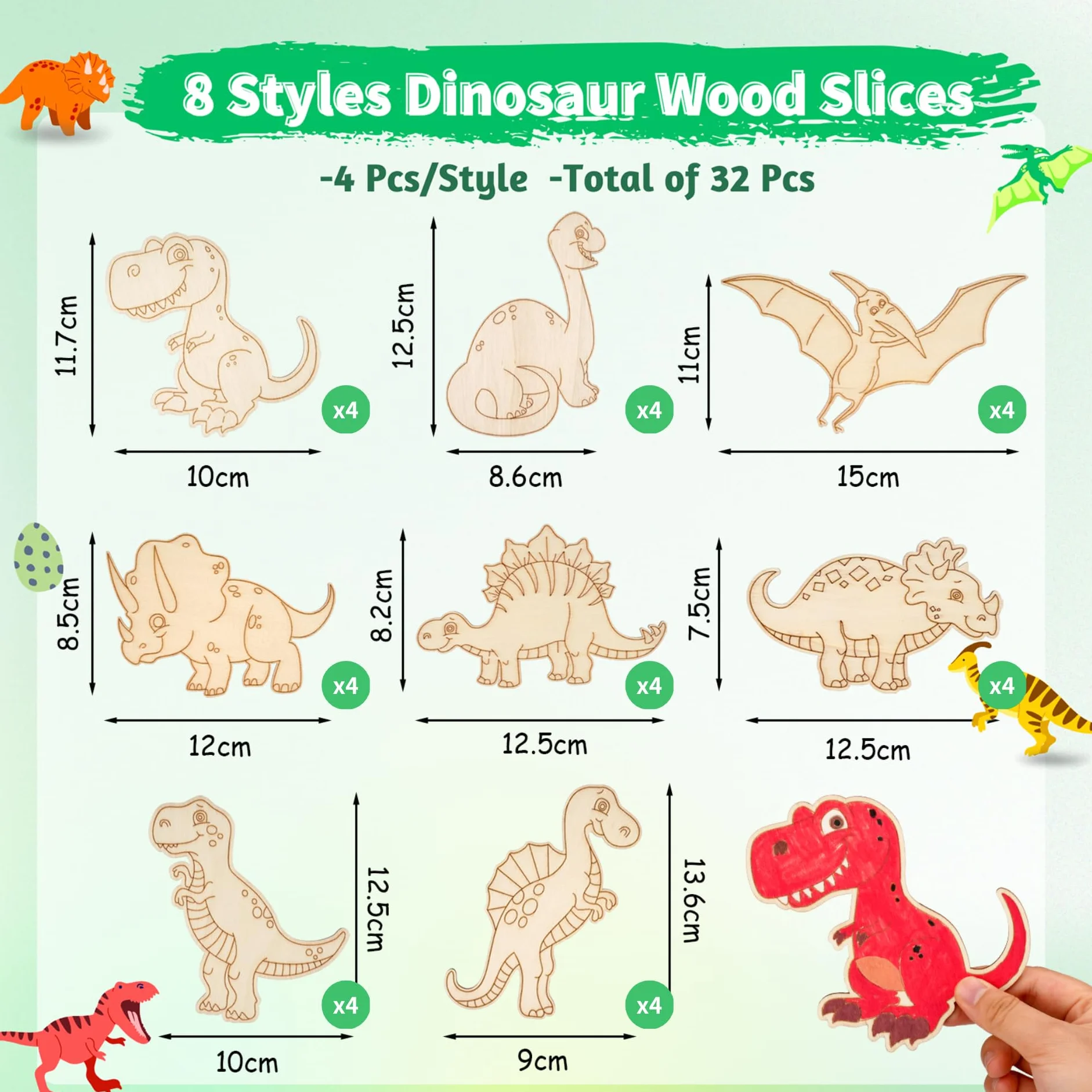 Zestaw do majsterkowania z motywem dinozaurów, 54 szt., zestaw do majsterkowania z motywem dinozaurów, 32 drewniane dinozaury, 12 kolorowych kredek, 10 naklejek, rękodzieło z drewna, dla dziewczynek /