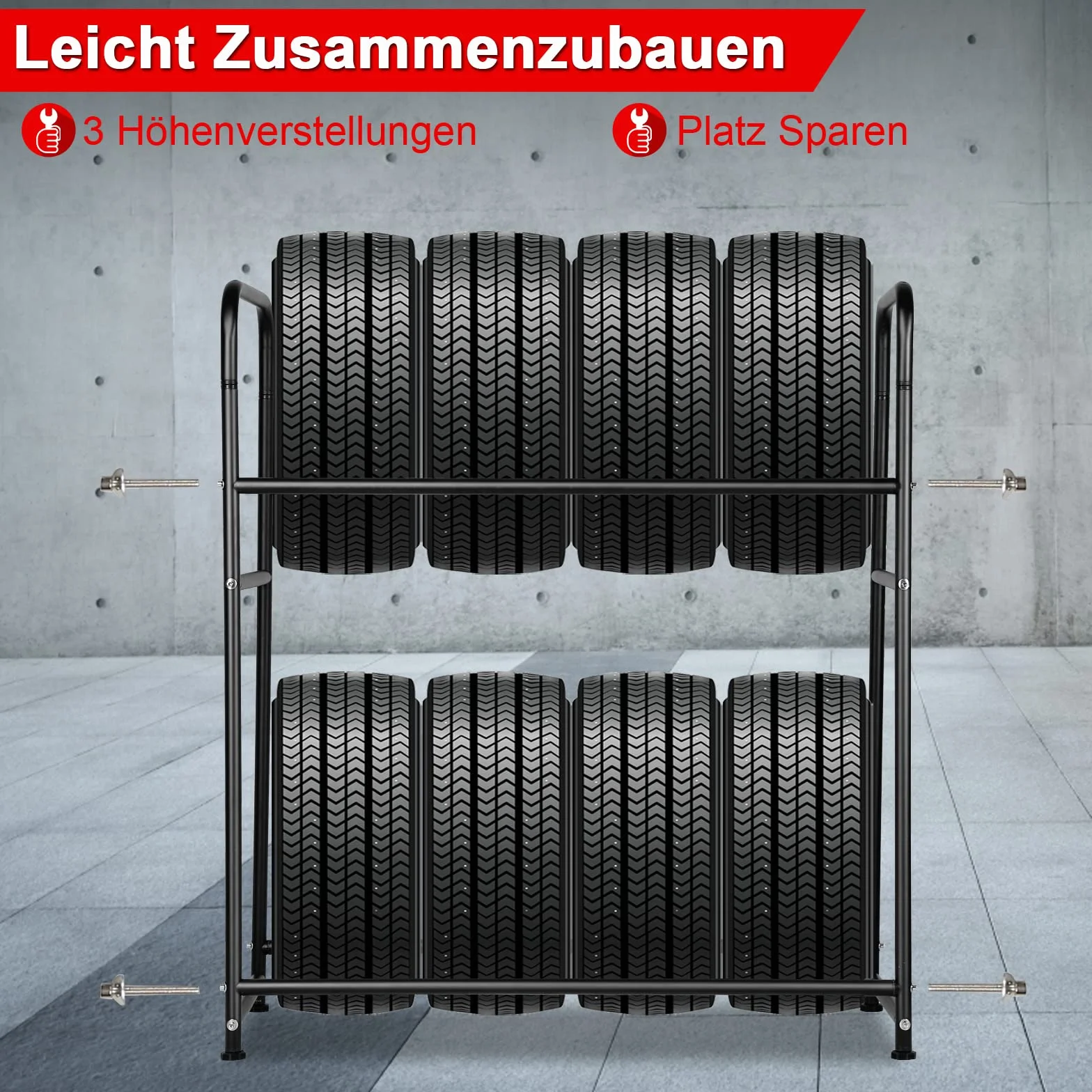 Regał na opony 107x46x117 cm stojak na 8 opon nośność 180 kg z regulacją wysokości