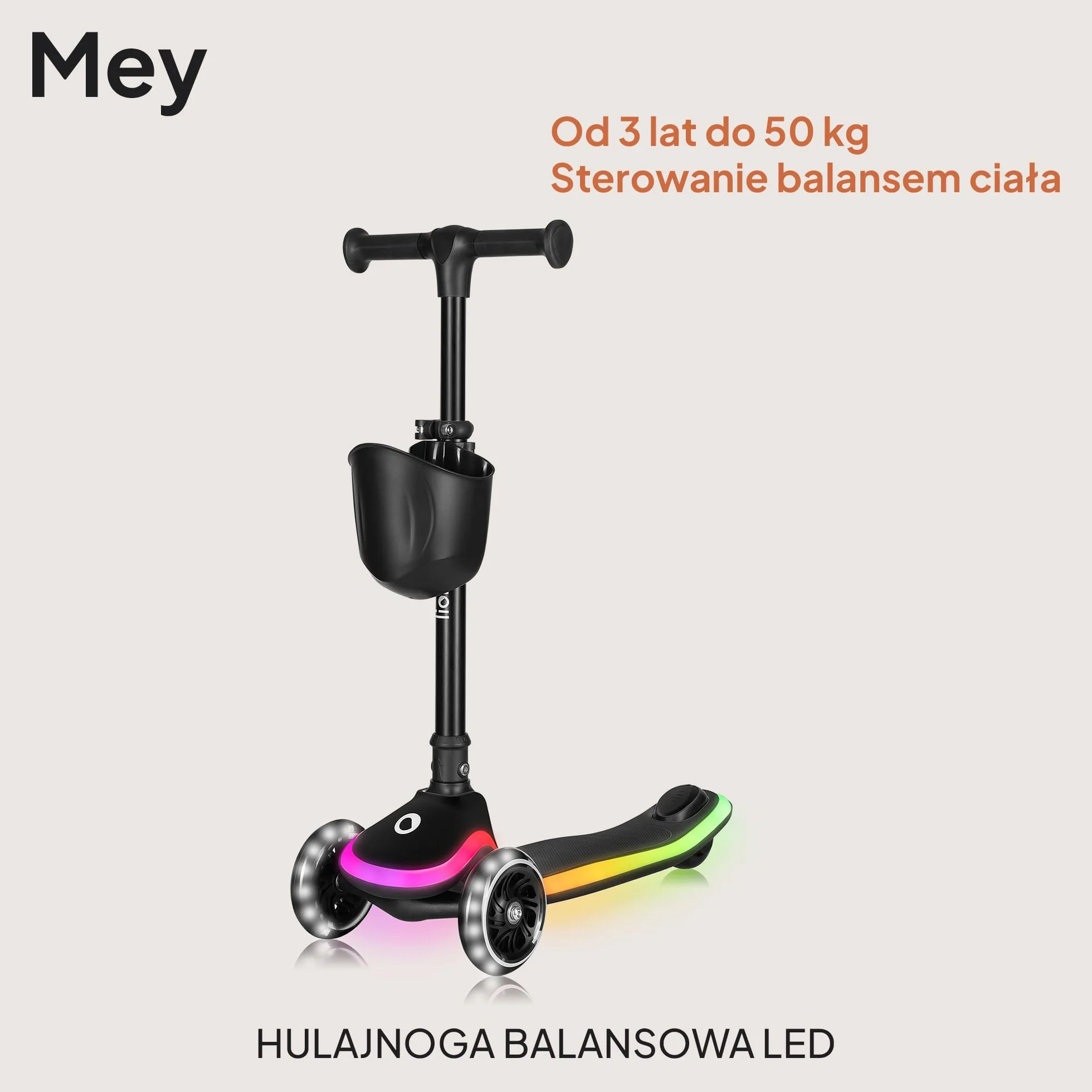 LIONELO MEY Hulajnoga Balansowa dla Dzieci od 3 roku życia do 50 kg, Trójkołowa Hulajnoga Dziecięca z Regulacją Wysokości, Antypoślizgowy Podświetlany Podest i Koła LED, Koszyk