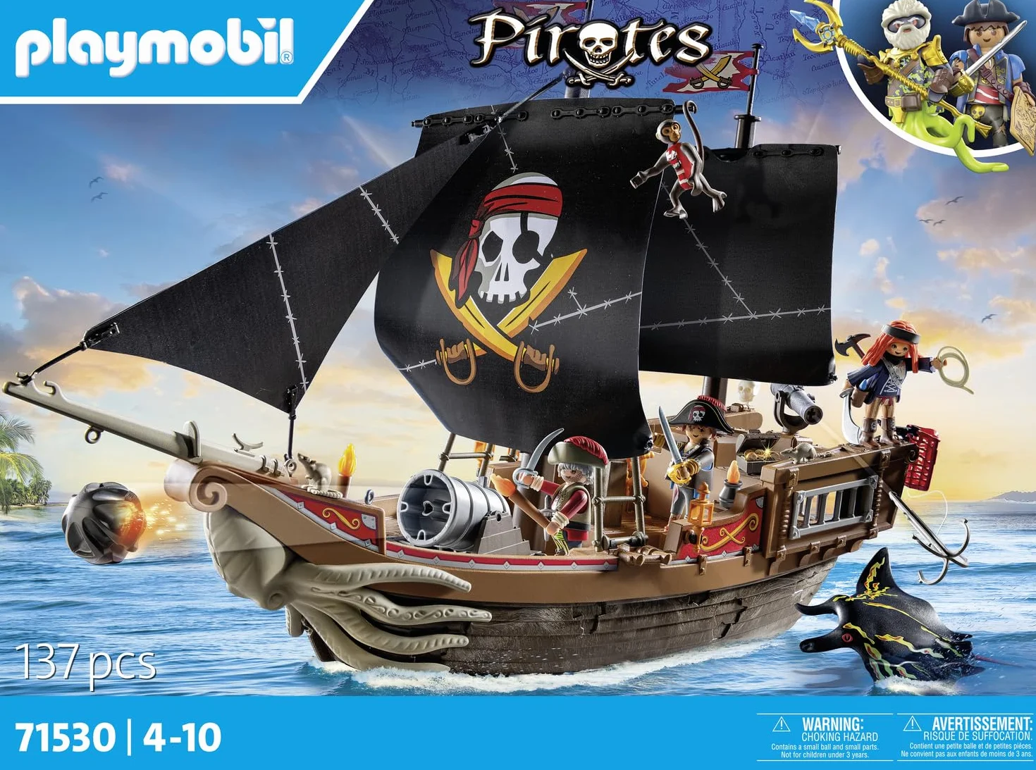 PLAYMOBIL Pirates 71530 Duży statek piracki, bitwa morska i tajne poszukiwanie skarbów w głębinach morzach, w zestawie armaty, pociski i kotwica, odpowiednie dla dzieci od 4 roku życia