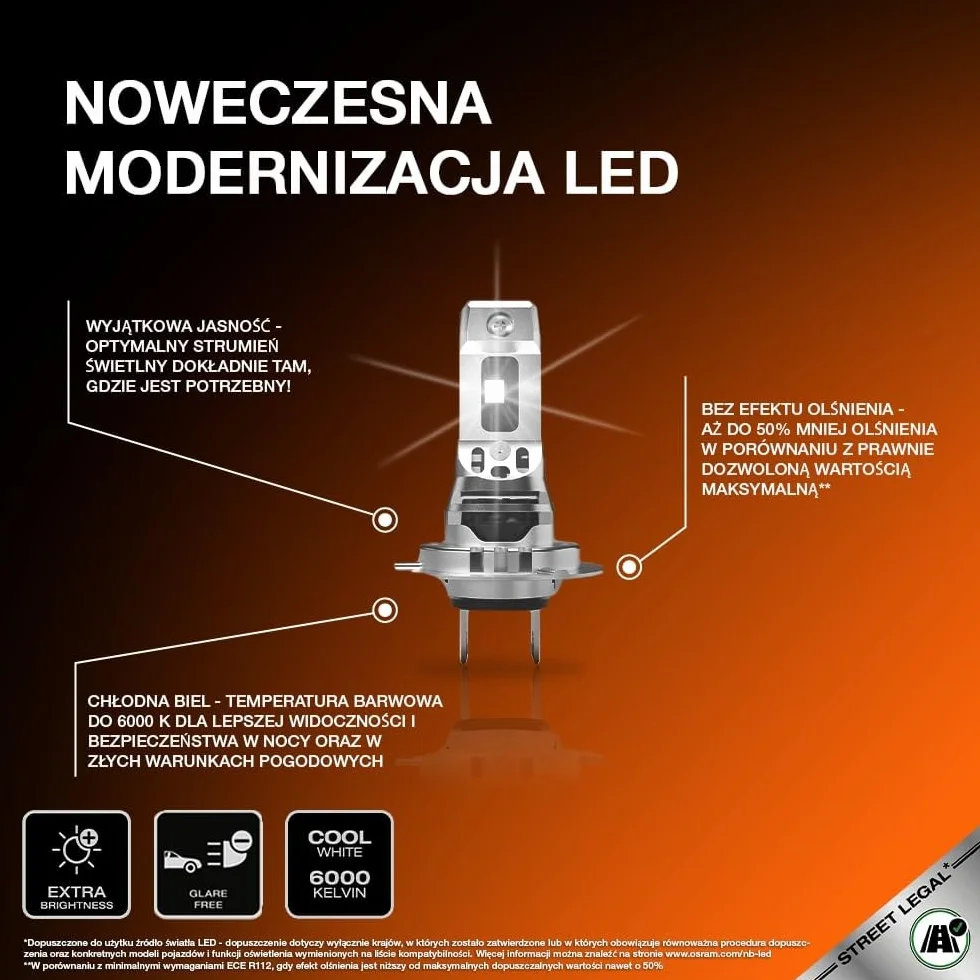 OSRAM NIGHT BREAKER LED SPEED H7 450, światła drogowe i mijania LED z homologacją drogową, do 450% większa jasność, 6000 K, szybki montaż, bez akcesoriów mechanicznych, zintegrowany LEDEC02