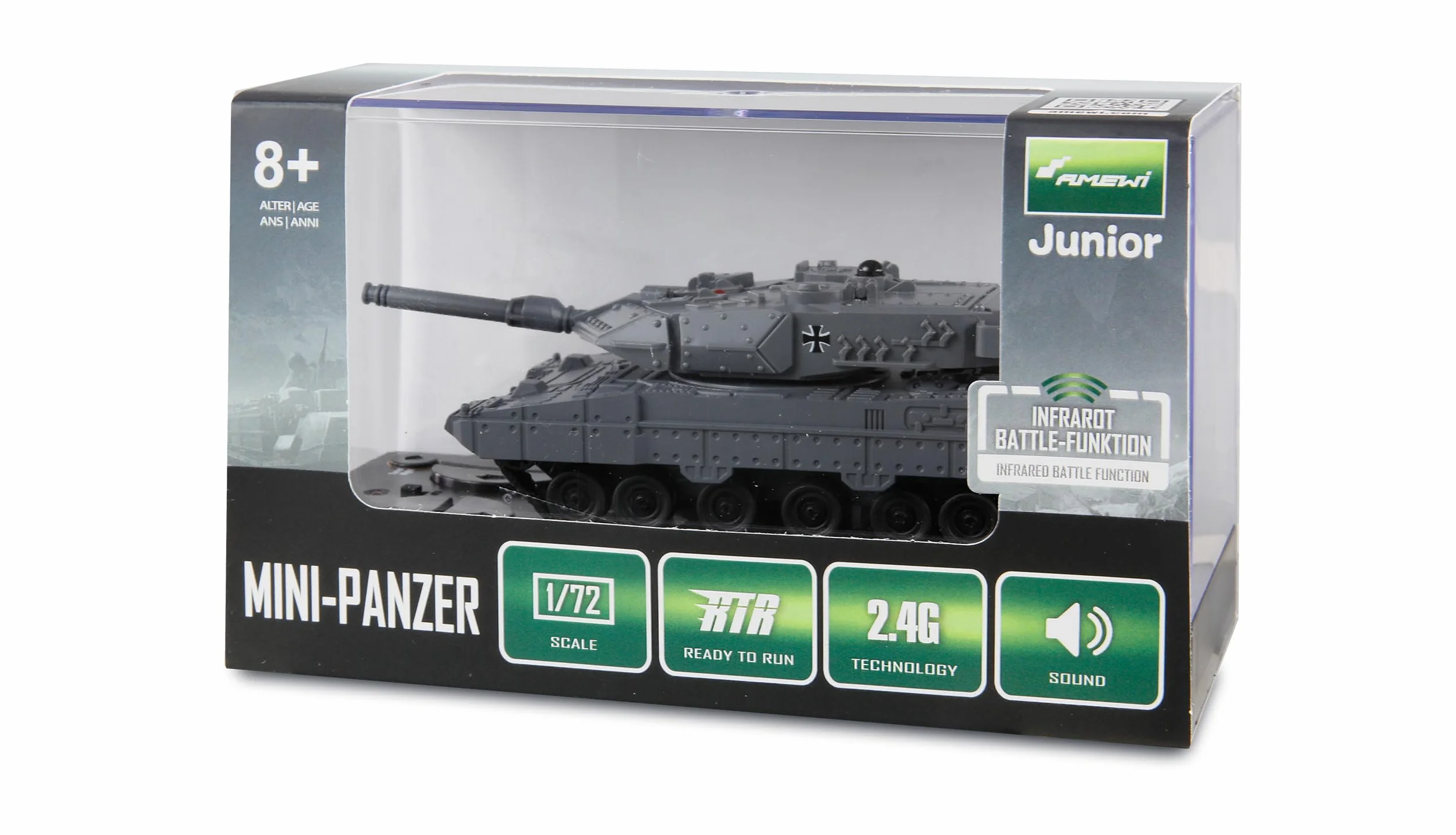 Amewi RC Leopard II mini czołg z funkcją IR-Battle zdalnie sterowany 1:72 RTR dla dzieci od 8 lat, szary