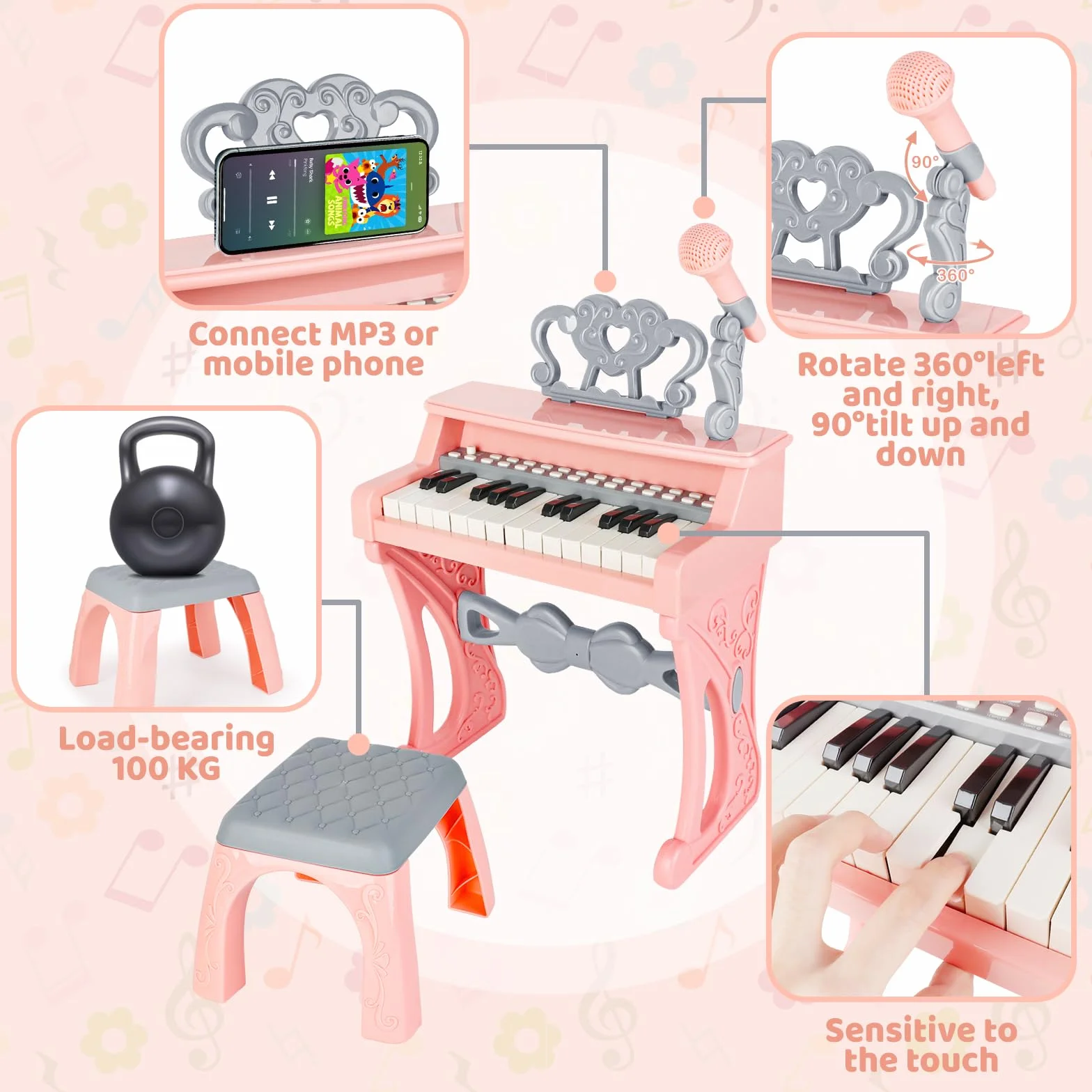 deAO Pianino dla dzieci, zabawki do muzycznej klawiatury fortepianowej dla dzieci, elektroniczna zabawka fortepianowa z stołkiem i mikrofonem, 25 klawiszy, 22 piosenki, różowy