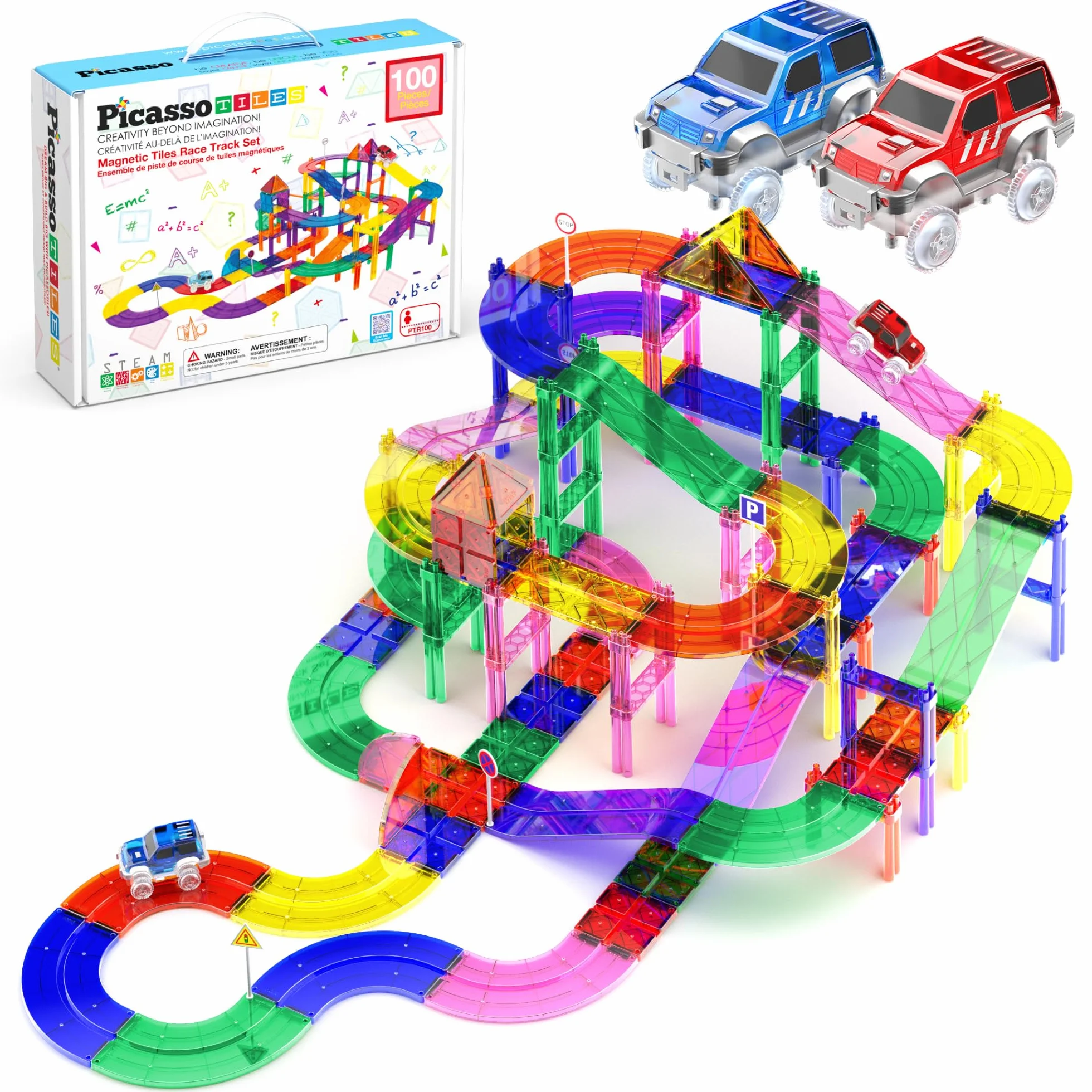 PicassoTiles Zestaw magnetycznych klocków z 2 diodami LED, z regulacją wysokości, znaki drogowe, edukacja, STEM, zestaw do budowania, zabawa, dla chłopców i dziewcząt, 100 szt
