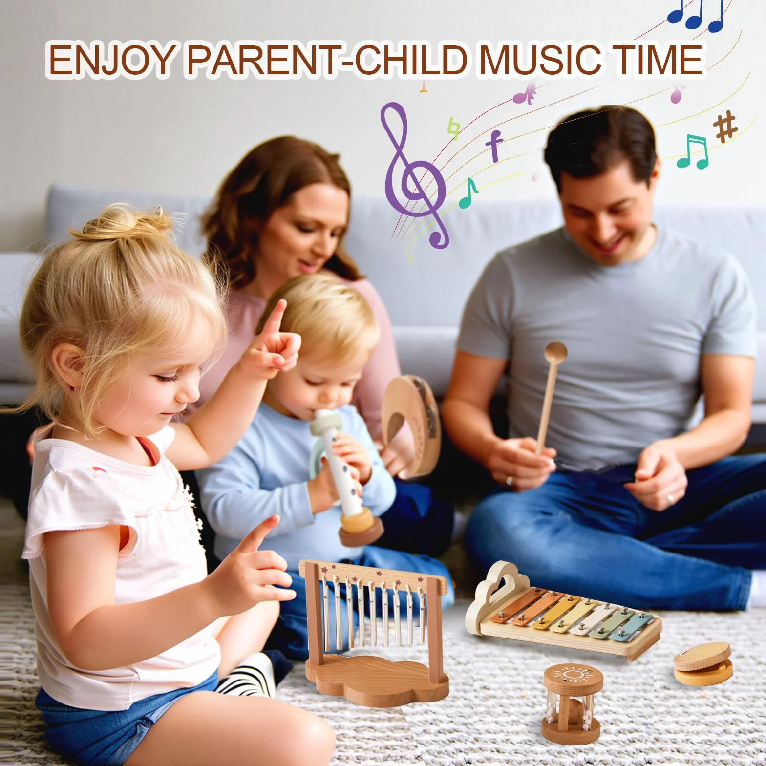 instrumenty muzyczne dla dzieci od 1, 2, 3 lat, Montessori muzyka dla niemowląt, zestaw muzycznych zabawek drewnianych z xylofonem, flety, kastaniety, prezent dla dziewczynek, chłopców