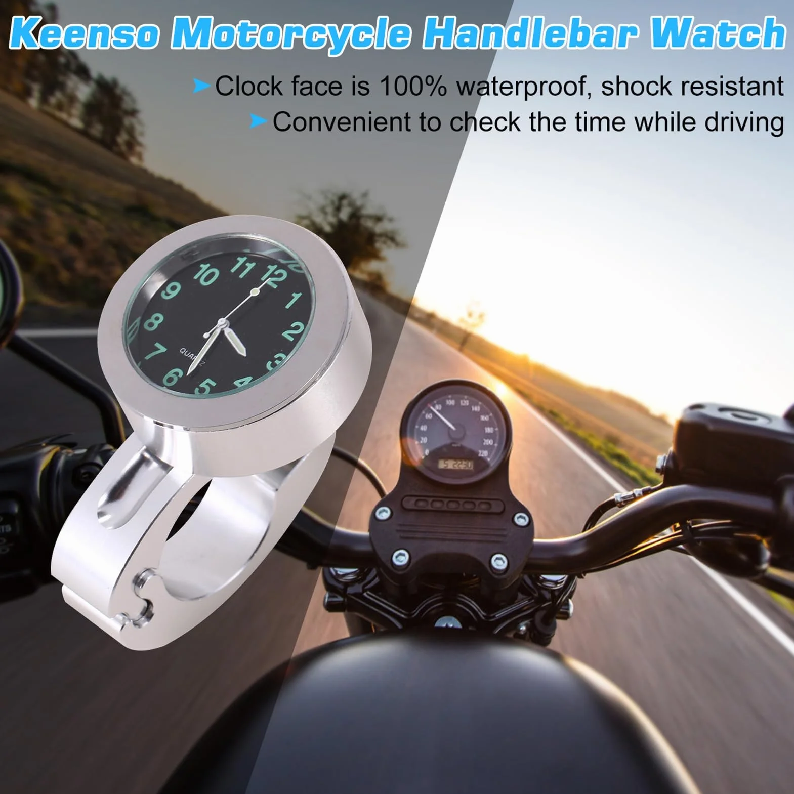 Keenso Zegarek motocyklowy, wodoszczelny, wysokiej jakości aluminium, do większości motocykli
