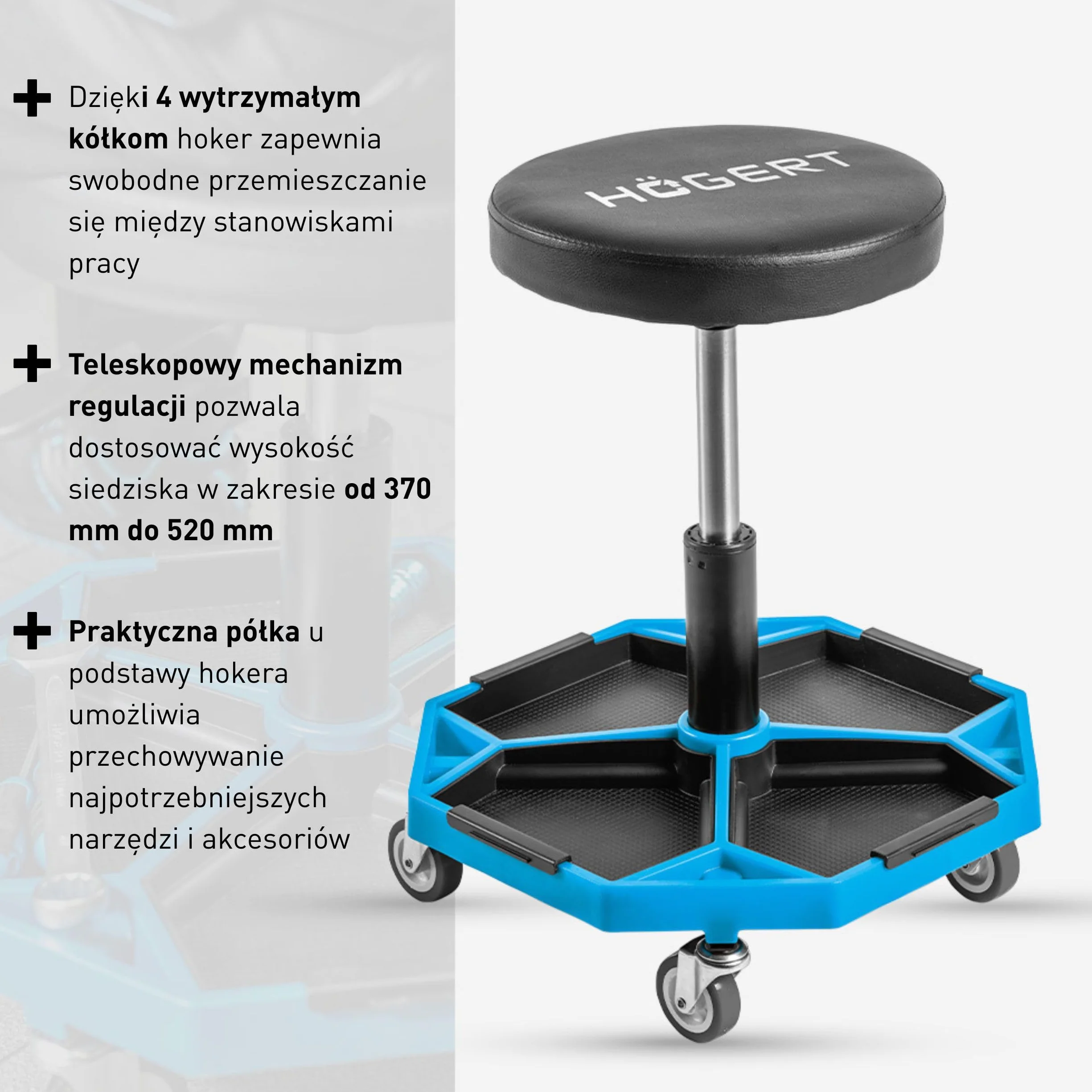 Högert Technik Regulowany taboret warsztatowy teleskopowe siedzisko 140 kg na kółkach
