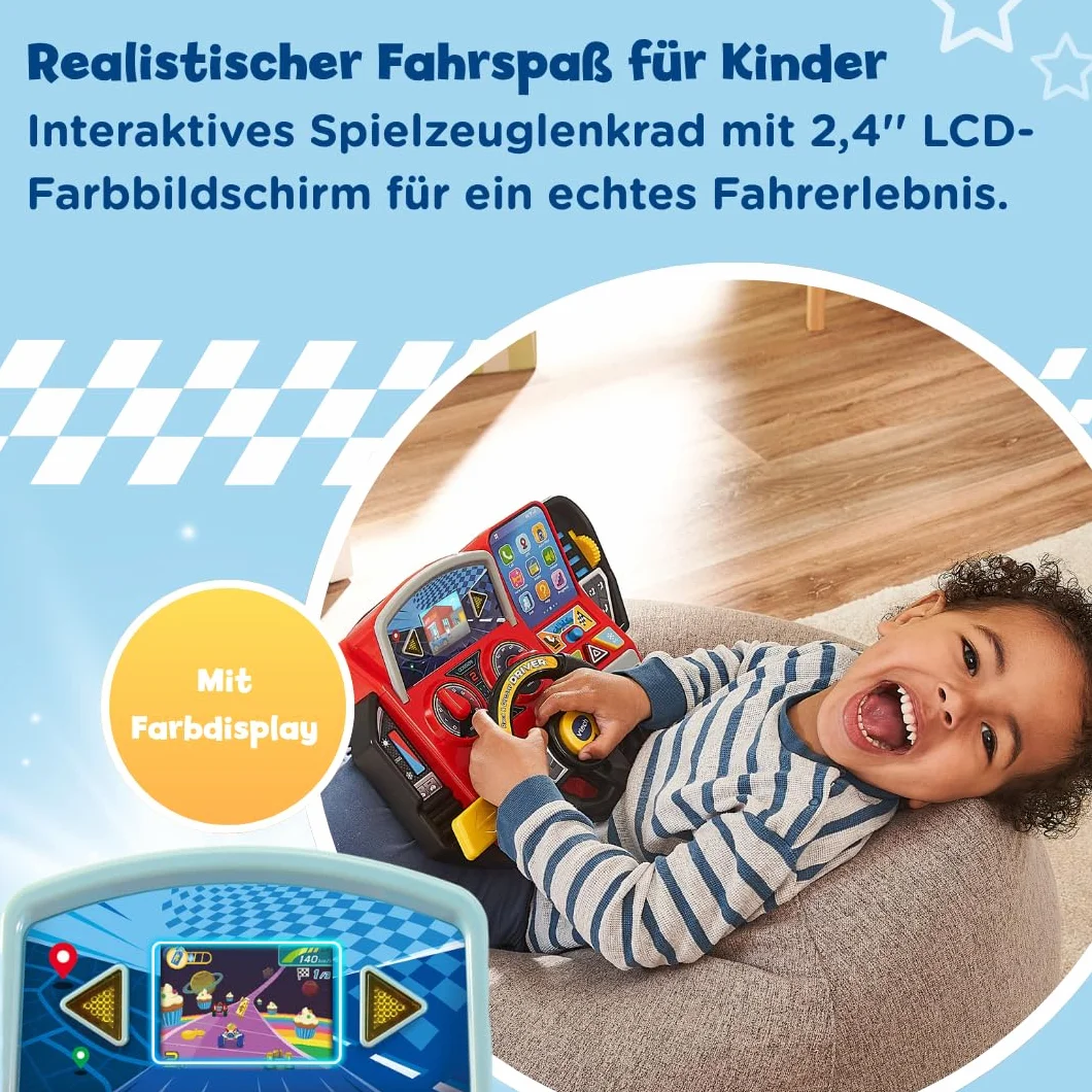 VTech Przygodowa kierownica do nauki – interaktywna kierownica z kolorowym ekranem LCD, 3 tryby gry, liczne treści edukacyjne i 23 melodie – dla dzieci w wieku 3-7 lat