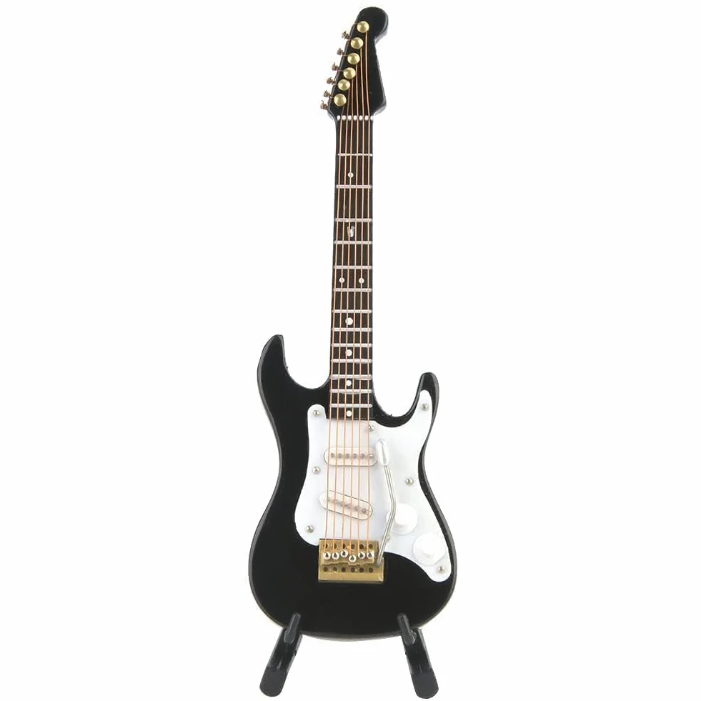5,5 W gitara elektryczna miniatura drewno mini gitara model wyświetlacz instrument muzyczny miniatura domku dla lalek model dekoracja (czarna)