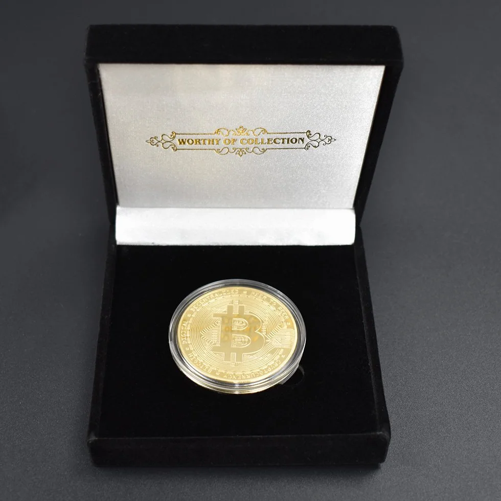 Fizyczna Złota Moneta Bitcoin Kolekcjonerska [z powłoką z 24-karatowego prawdziwego złota] wraz z eleganckim aksamitnym etui na monety (złoto)