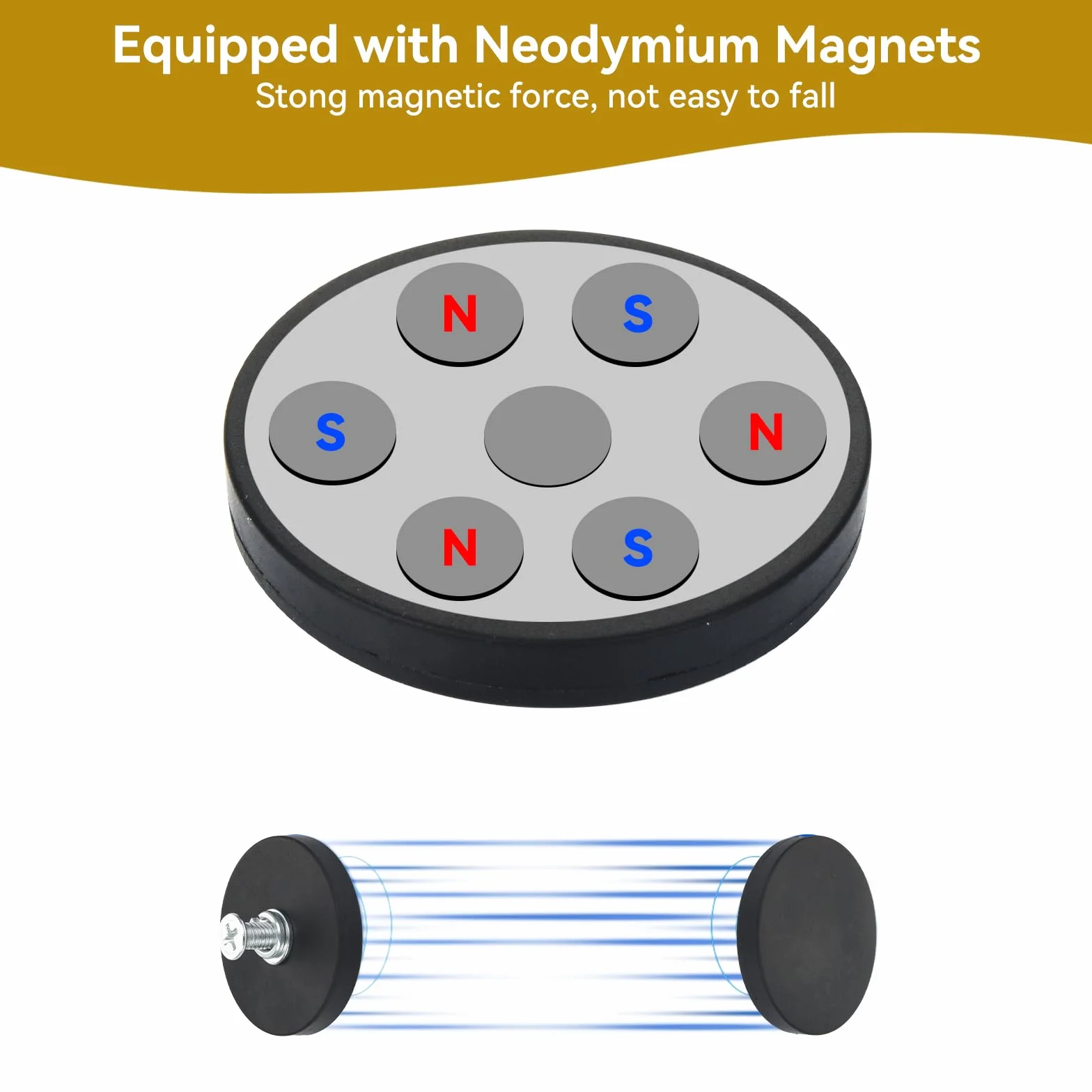 UTEBIT 4 magnesy neodymowe, 43 mm, okrągłe, gumowe magnesy z gwintem M6, siła przyczepności 8,5 kg, uchwyt magnetyczny do aparatu, świateł, pojazdów, mocowania narzędzi