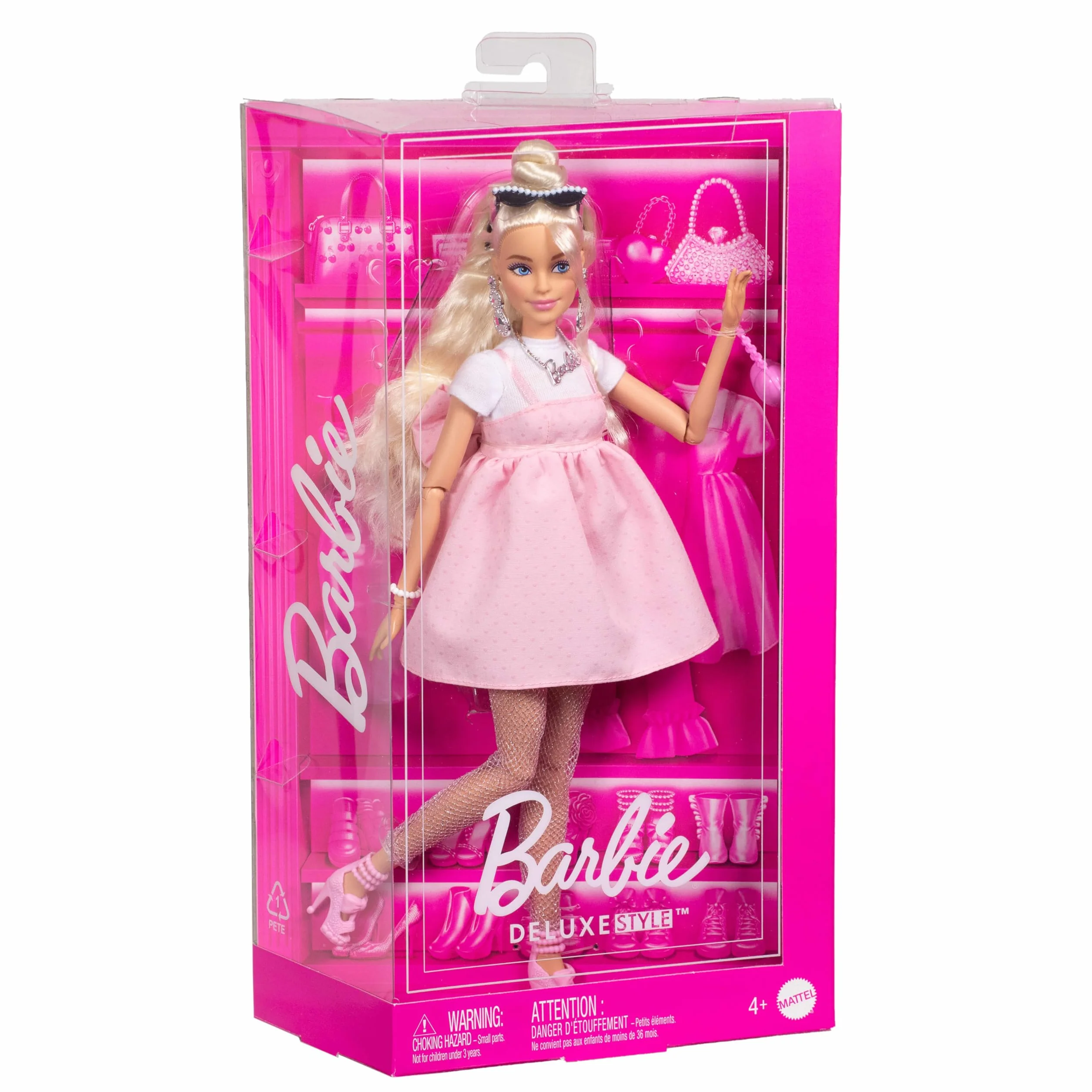 Barbie Deluxe Style Lalka Nr 3 w stroju w stylu Barbiecore, blond włosy z koczkiem, pasteloworóżowa sukienka z dużą kokardą, akcesoria, w tym rajstopy kabaretki, HYV27