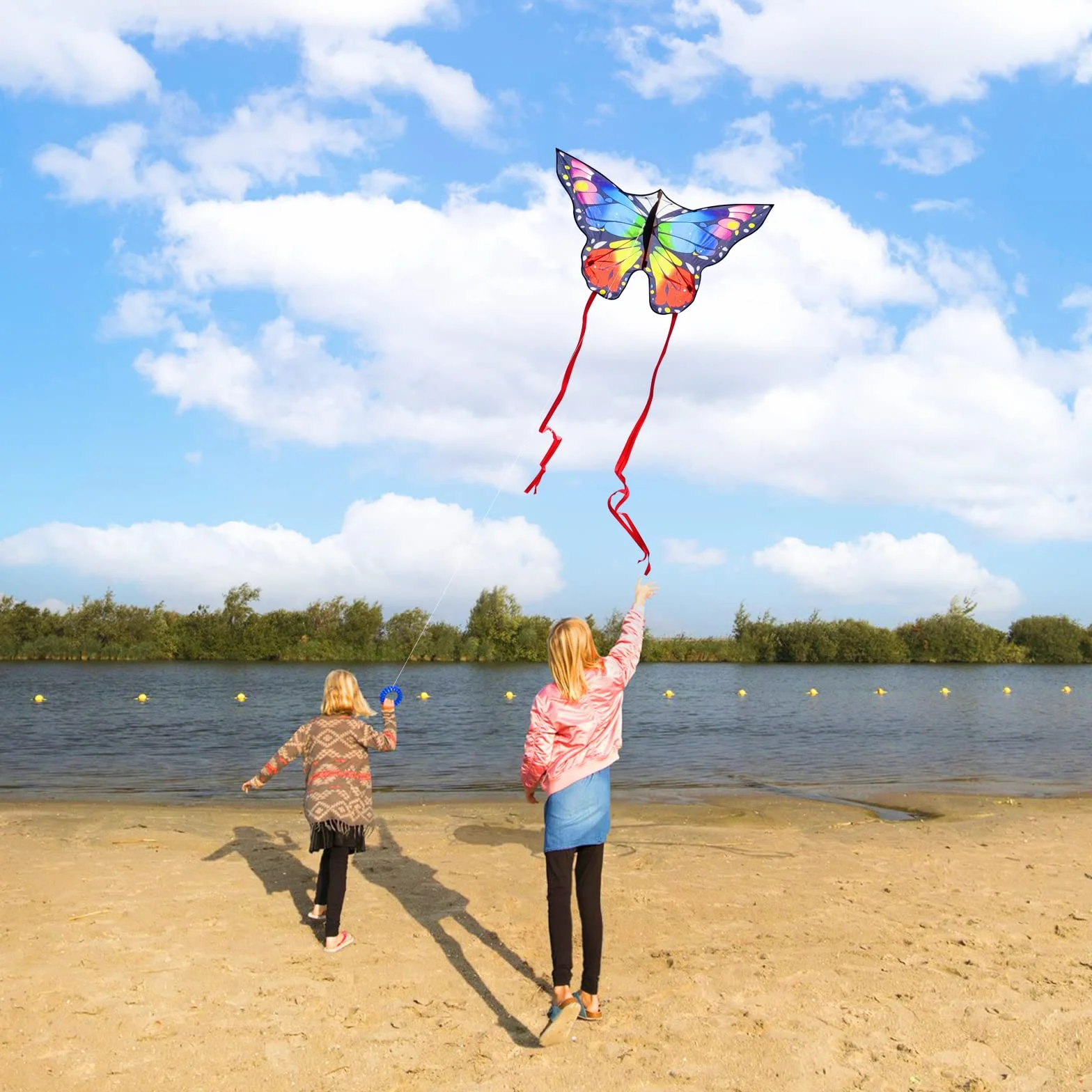 Kolorowy latawiec motyla dla dzieci i dorosłych (145 x 29 cm) – łatwy do latania na plaży, dla początkujących i rodzinnej zabawy, duży smok z uchwytem sznurkowym 300 ft.