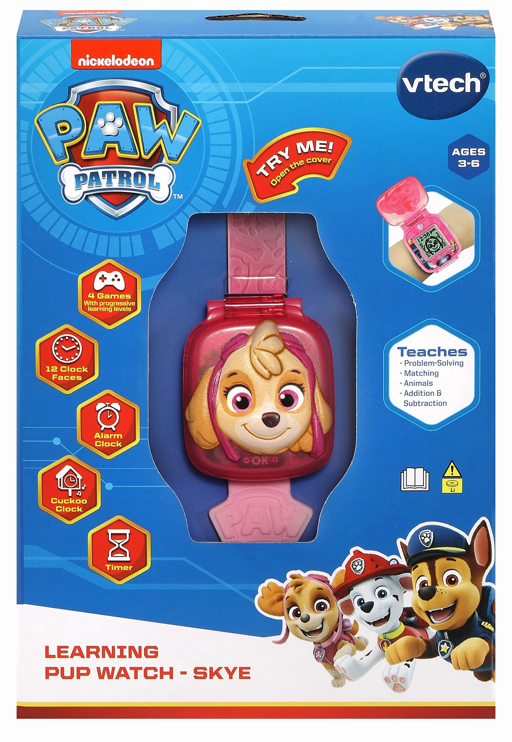 VTech PAW Patrol: Learning Watch Skye, oficjalna zabawka PAW Patrol, zegarek dla malucha ze stoperem, timerem, alarmem i grami, prezent edukacyjny dla dzieci w wieku 3, 4, 5, 6 lat, wersja angielska