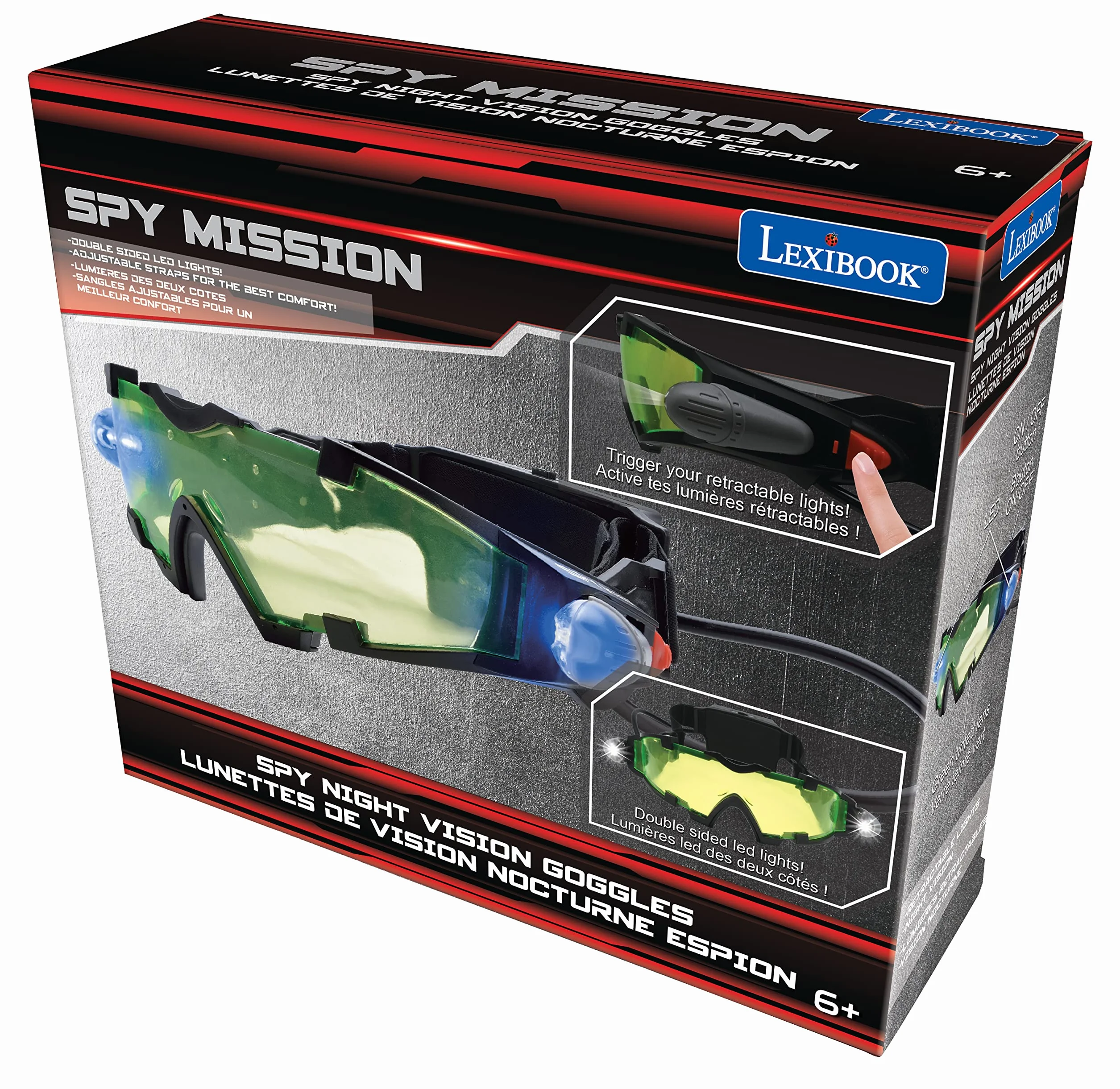 Lexibook Spy Mission Spy Night View, Wysuwane Lampki LED, Przyciemniane na Zielono, Regulowane Gumki, Czarny, RPSPY04