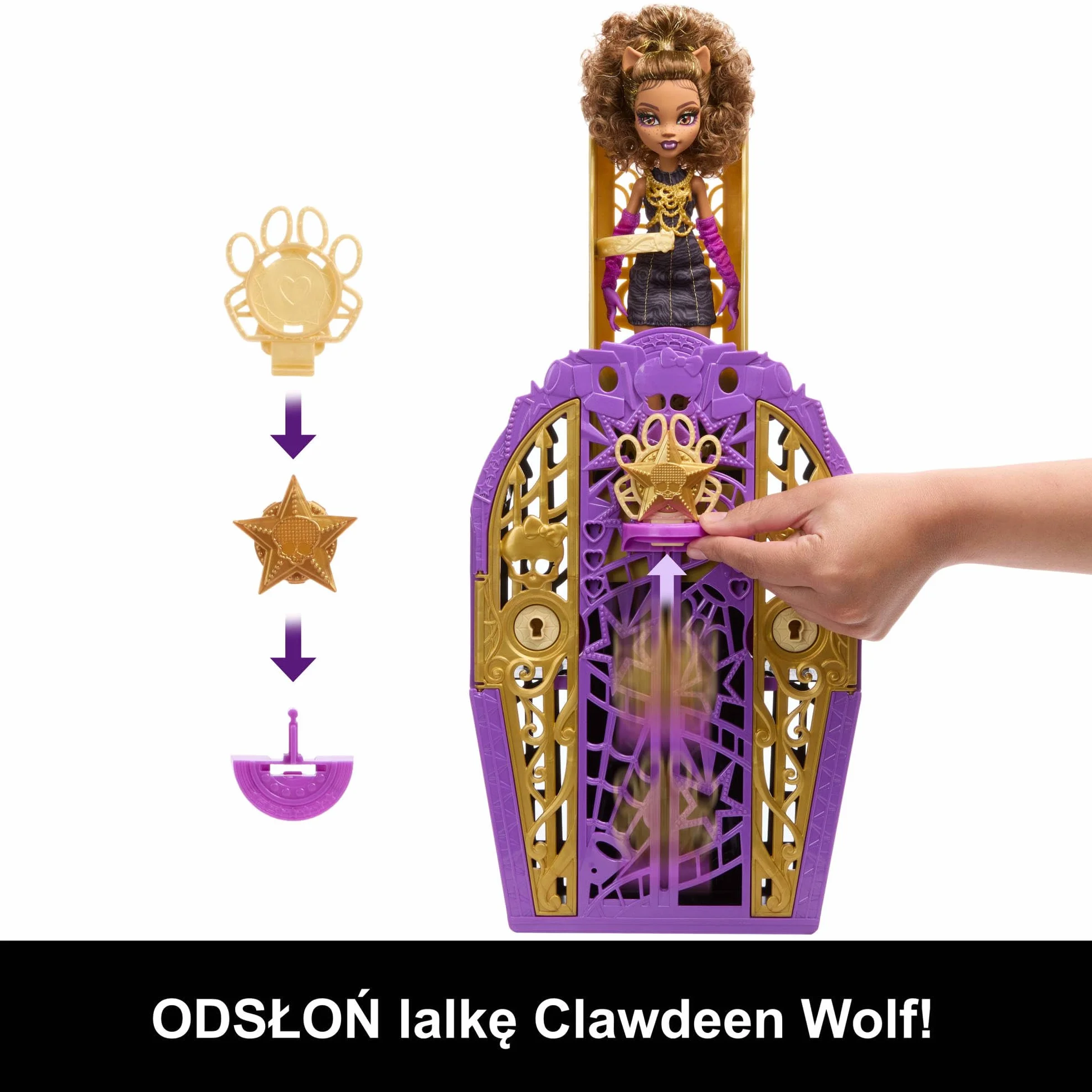 Monster High Straszysekrety Clawdeen Wolf Seria 6 Tajemnice Hollyduch Zestaw lalka, szafa i ponad 19 niespodzianek, w tym ubranka dla lalki i akcesoria, JBG80