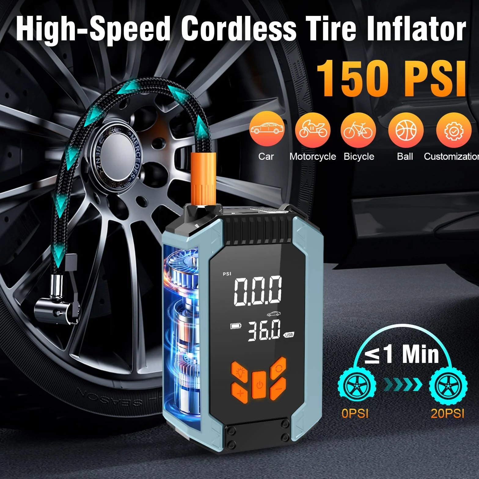 Starthilfe Powerbank z kompresorem, 150PSI 4000A Starthilfe do samochodów na benzynę 9,0L i olej napędowy 8,0L, 12V Powerbank do rozruchu z wyświetlaczem LCD, latarką LED, wskaźnikiem