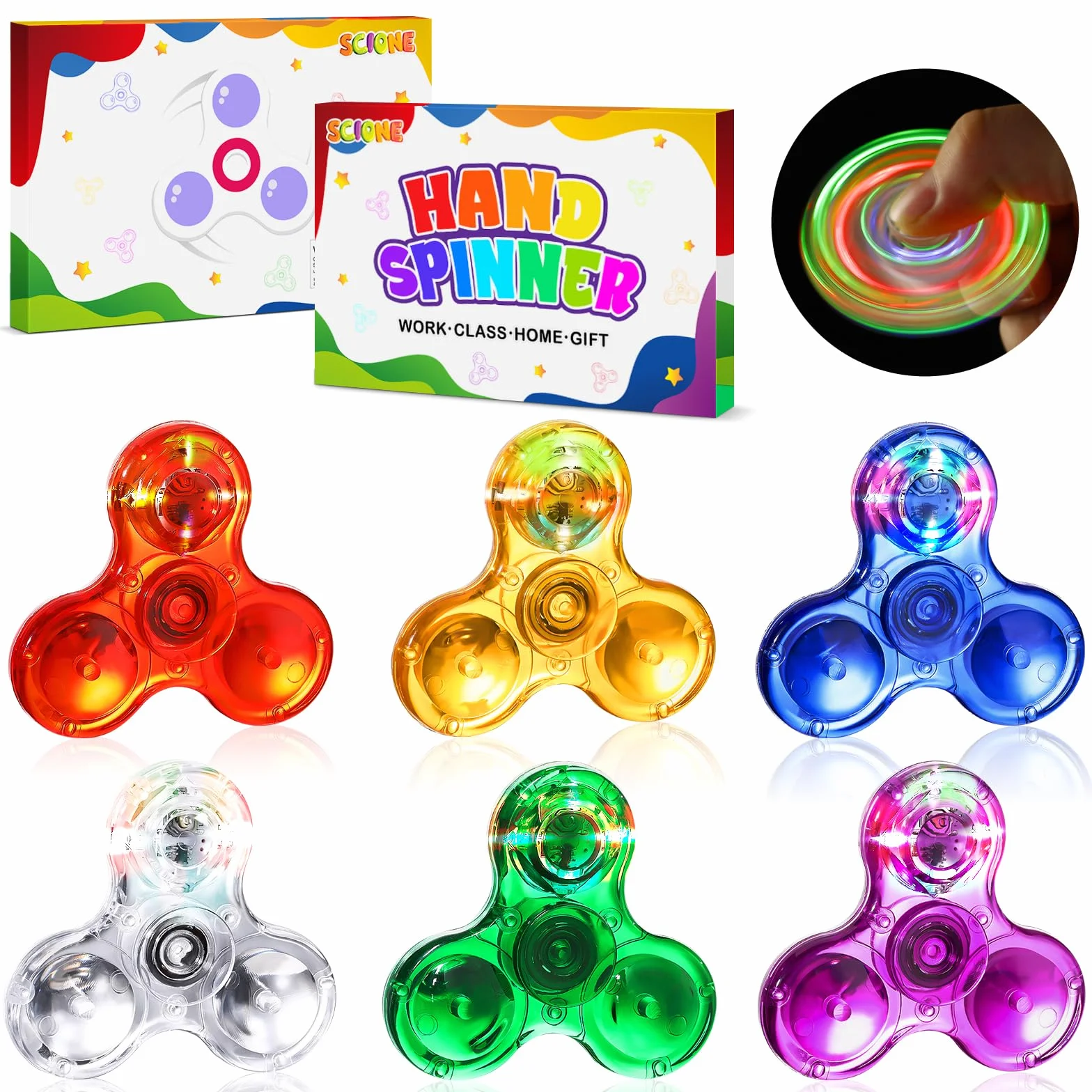SCIONE 6 SZT. Mini Kryształowy LED Fidget Spinner dla Dzieci 3-8 lat, 2,24-calowa Świecąca Zabawka Antystresowa dla Maluchów, Gadżet na Imprezy Świecący w Ciemności dla Dzieci i Dorosłych