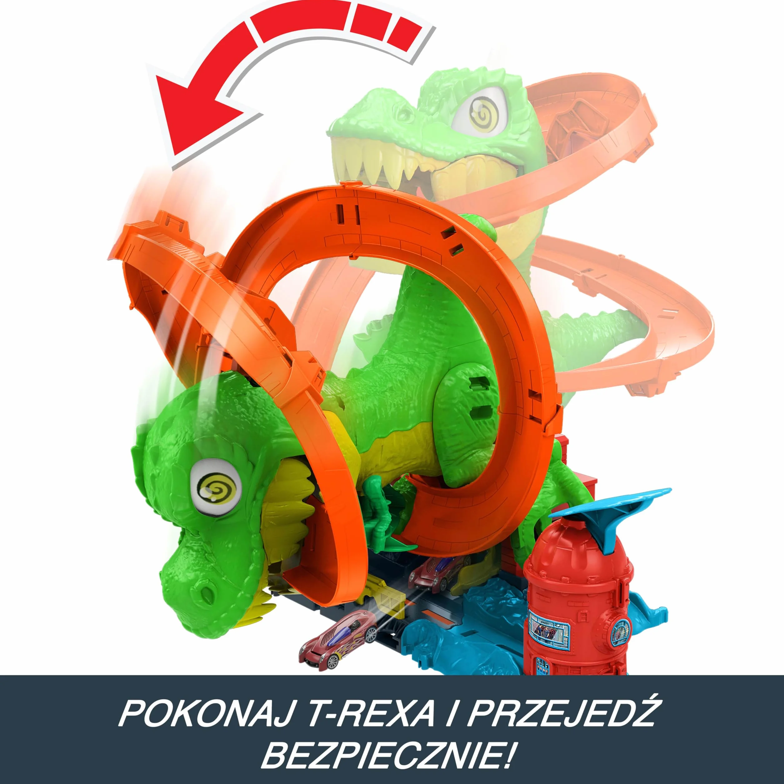Hot Wheels City Zakręcony tor Remiza T-rexa Zestaw do zabawy (ok. 36 cm), tor samochodowy, dinozaur o ruchomych oczach, metalowe autko w skali 1:64, kilka możliwości zabawy, zabawka dla dzieci, JBM73