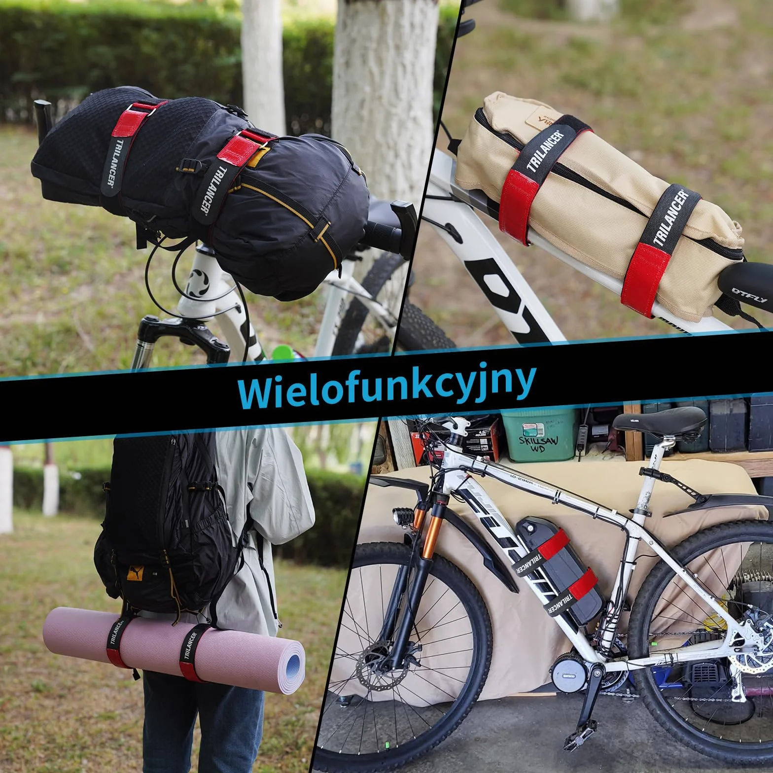 Trilancer Regulowane Paski do Bagażnika Rowerowego 2 szt - 75x3,8 cm Paski Stabilizujące Koła z Zapięciem na Haczyk i Pętlę oraz Powłoką z Silikonu Antypoślizgowego Do Samochodu, Ściany, Transportu