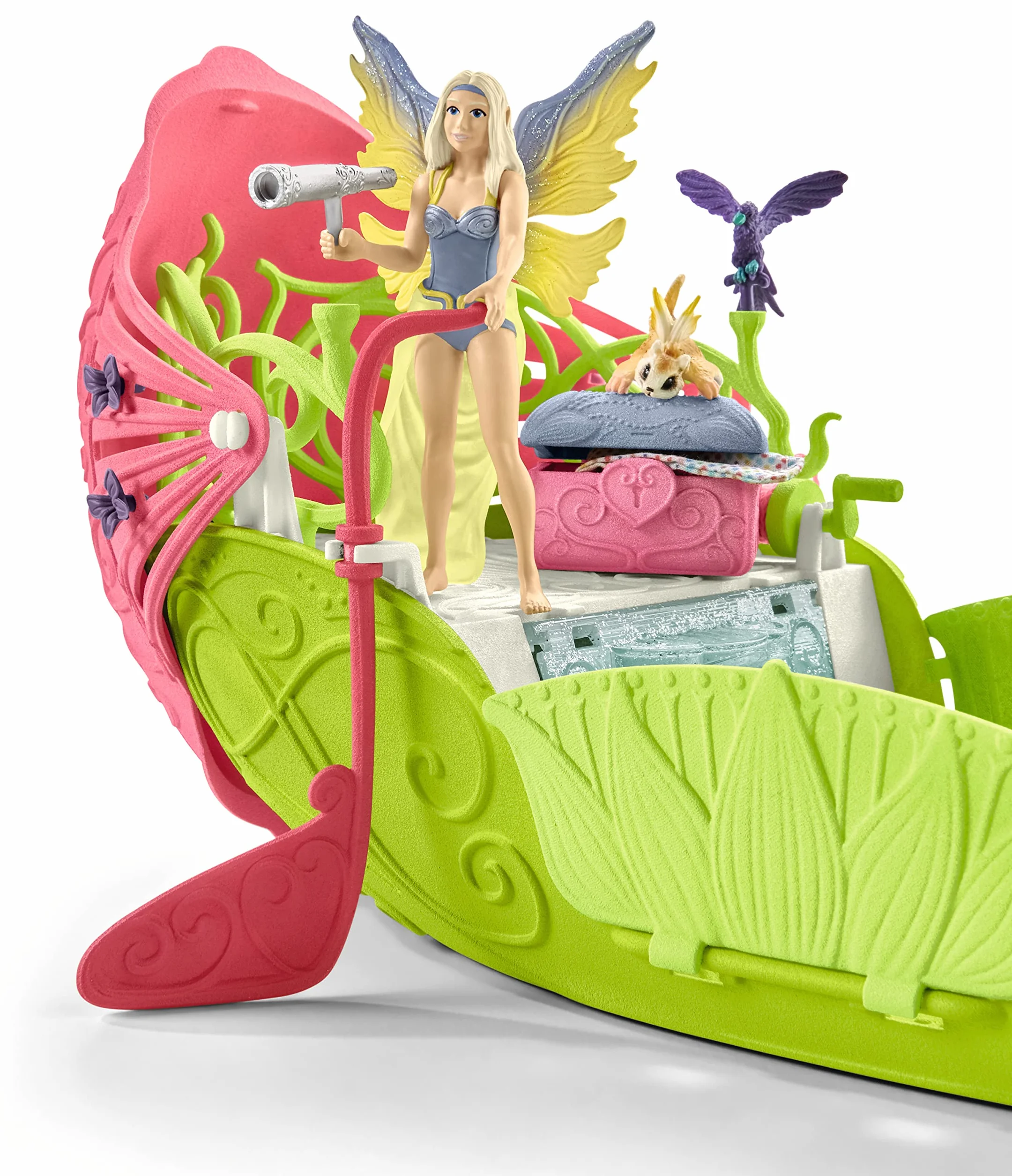 schleich 42444 BAYALA Seras magiczna łódź kwiatowa, 40-częściowy zestaw do zabawy z figurką jednorożca, elfa i skrzynią skarbów, zabawka dla dzieci od 5 lat
