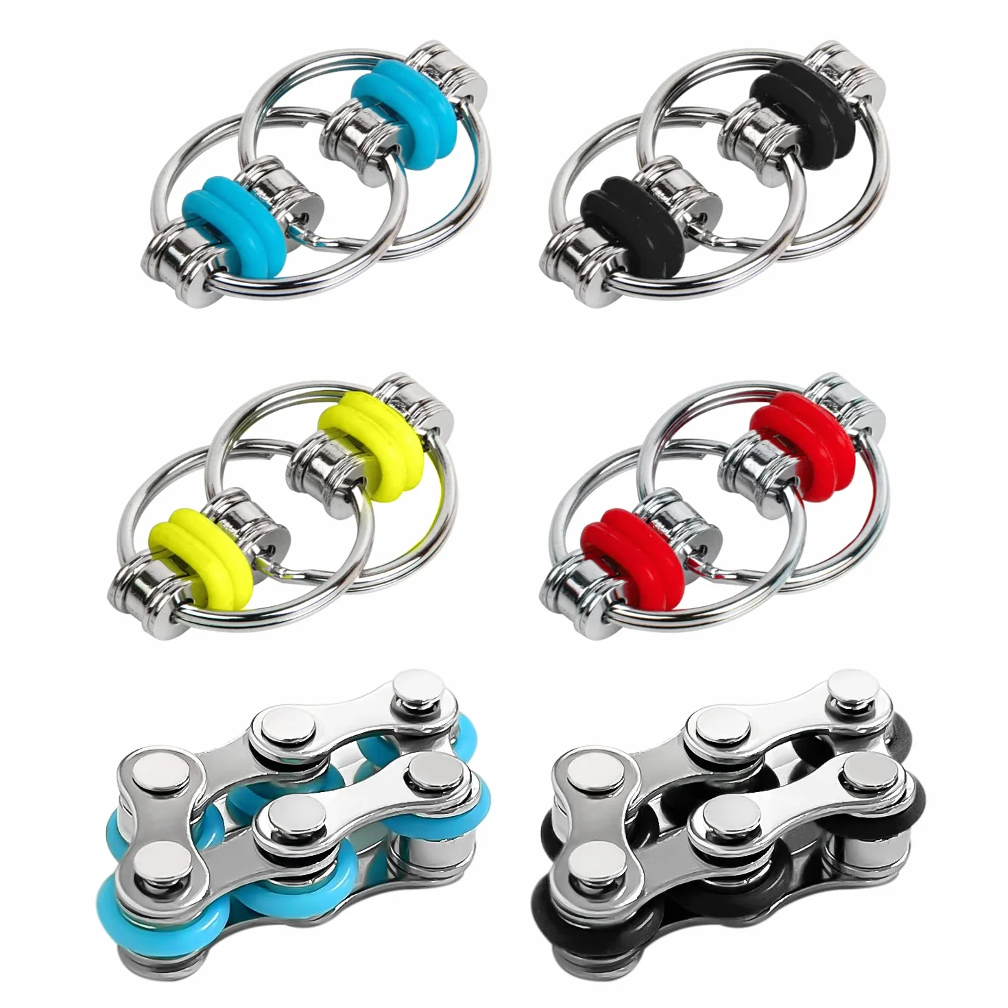 4 szt. Zestaw łańcucha Flippy, z 2 częściami sześciu łańcuchów rolkowych, zestaw fidget łagodzący stres, żelazny pierścień brelok, zestaw łańcuchów rowerowych.