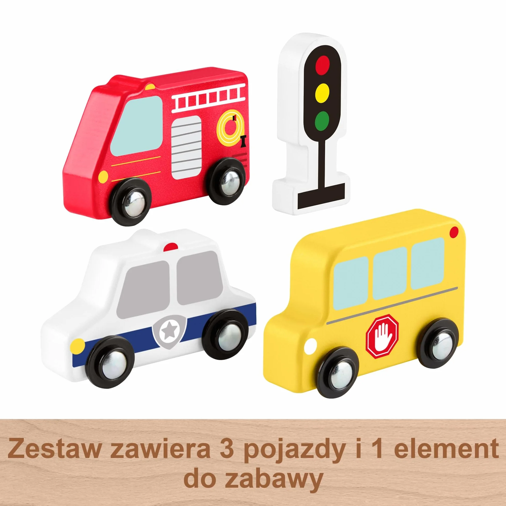 Fisher-Price Drewniane samochody Zestaw 3 pojazdów do zabawy: wóz strażacki, autobus i radiowóz + sygnalizator, drewniane zabawki dla dzieci od 2 roku życia, JCY32