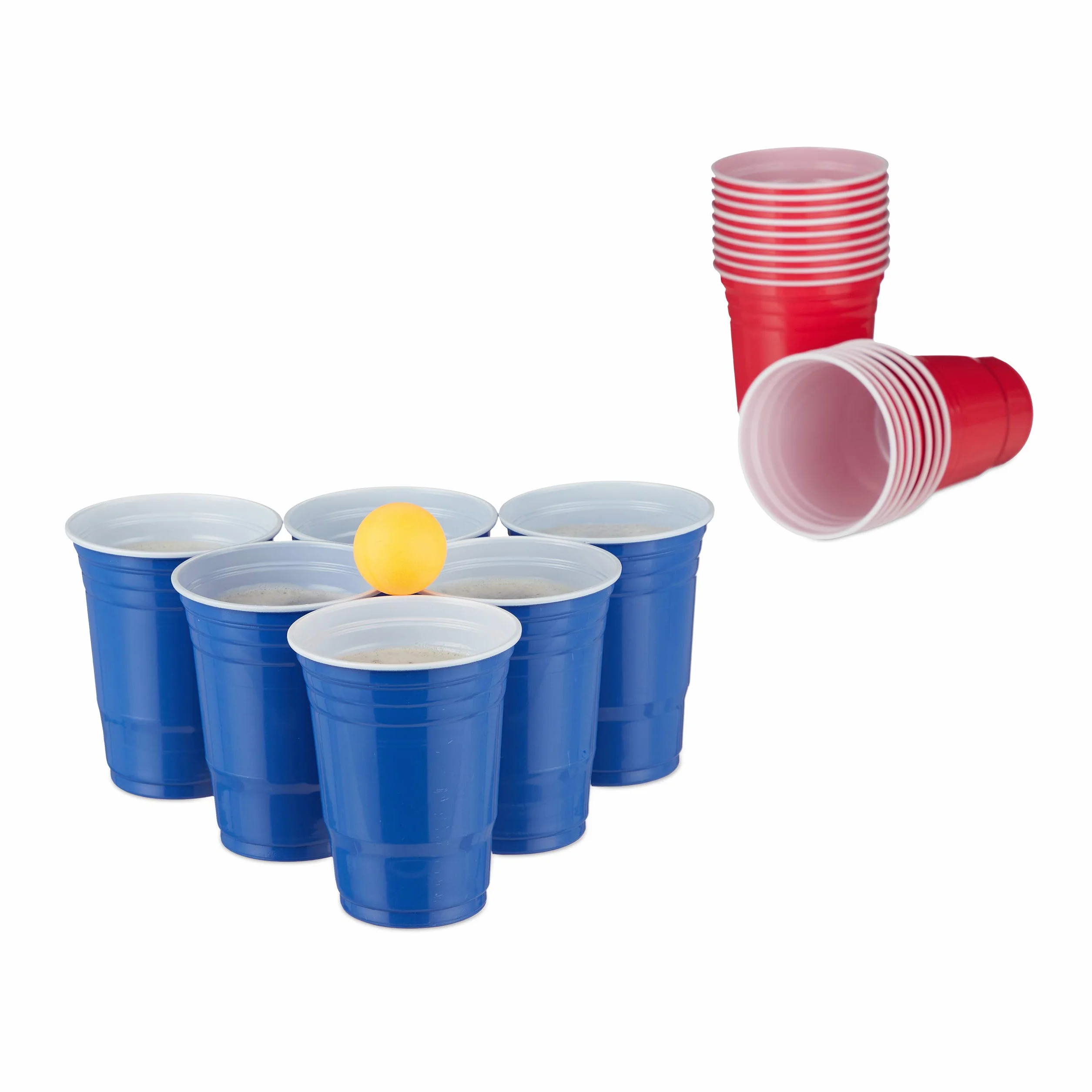 Relaxdays Zestaw kubków do piwa, pong, zestaw z 6 piłkami, 50 kubków do beer Pong, gra do picia, kubki imprezowe 16 oz, czerwony/niebieski