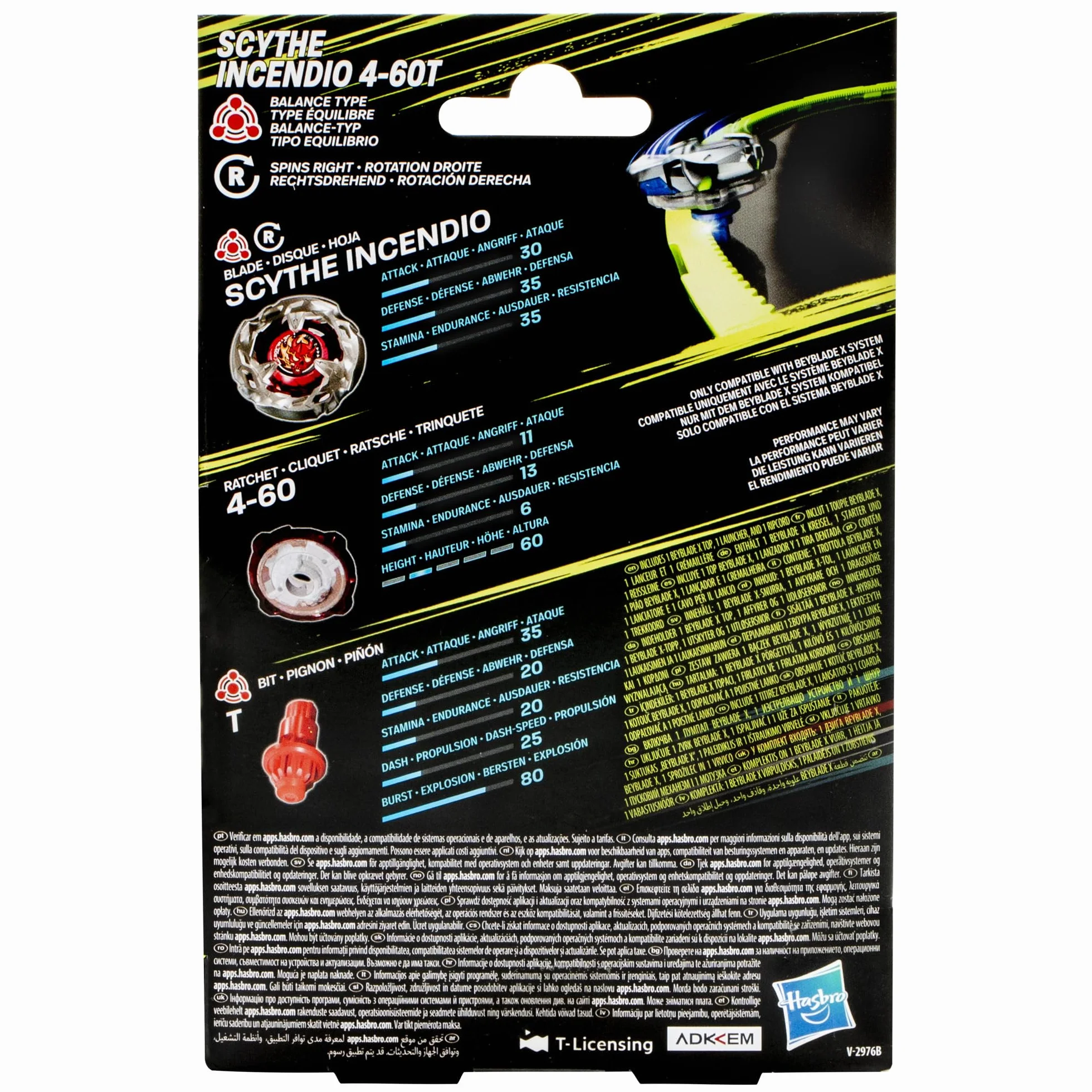 Pakiet startowy Beyblade X Scythe Incendio 4-60T, bączek i wyrzutnia