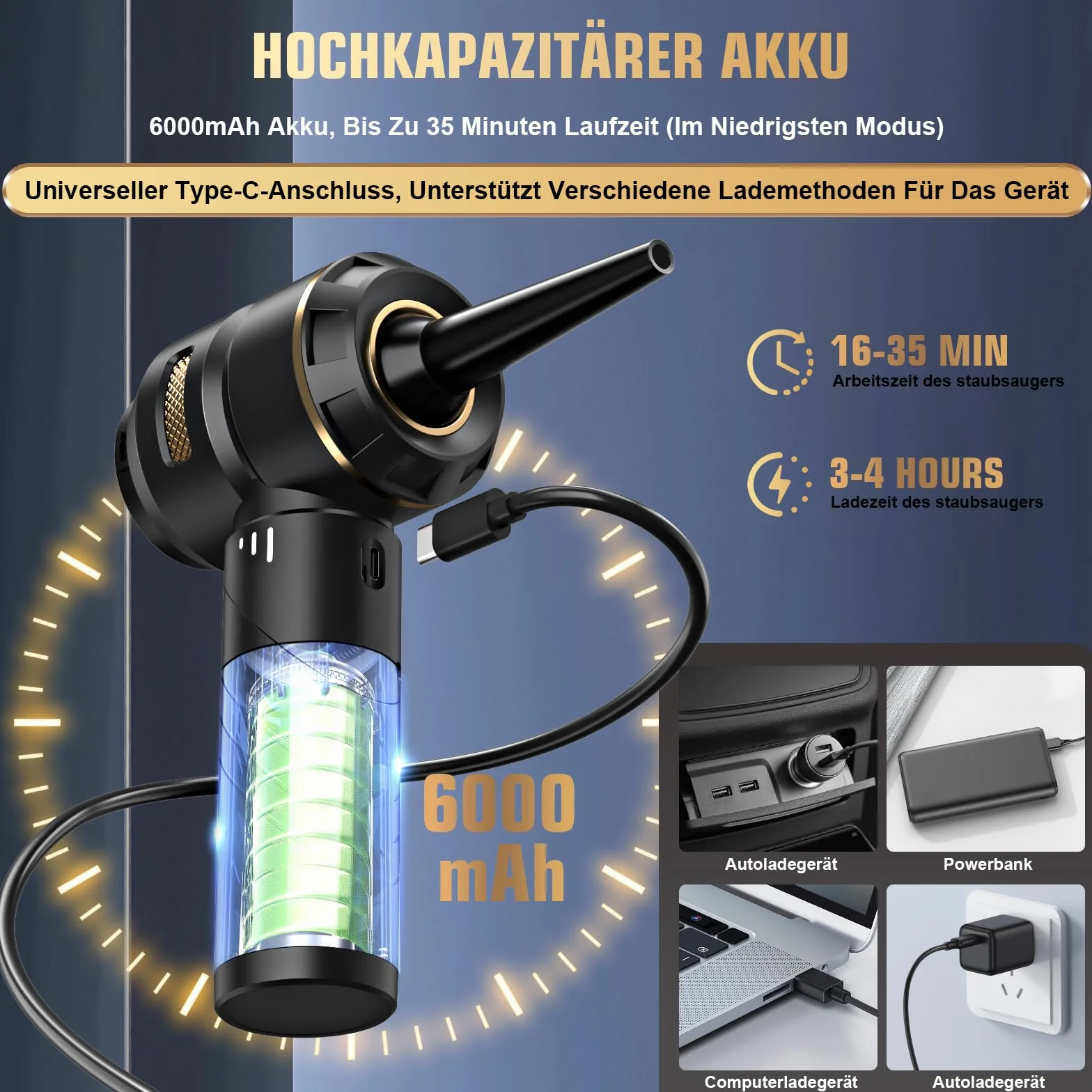 Ręczny odkurzacz 4 w 1, akumulatorowy, mocny, 25000 PA, bezprzewodowy, 3-biegowy, 220 000 obr./min, akumulator, zwycięzca testu do samochodu, kuchni, komputera, sofy, biura, domu i sierści