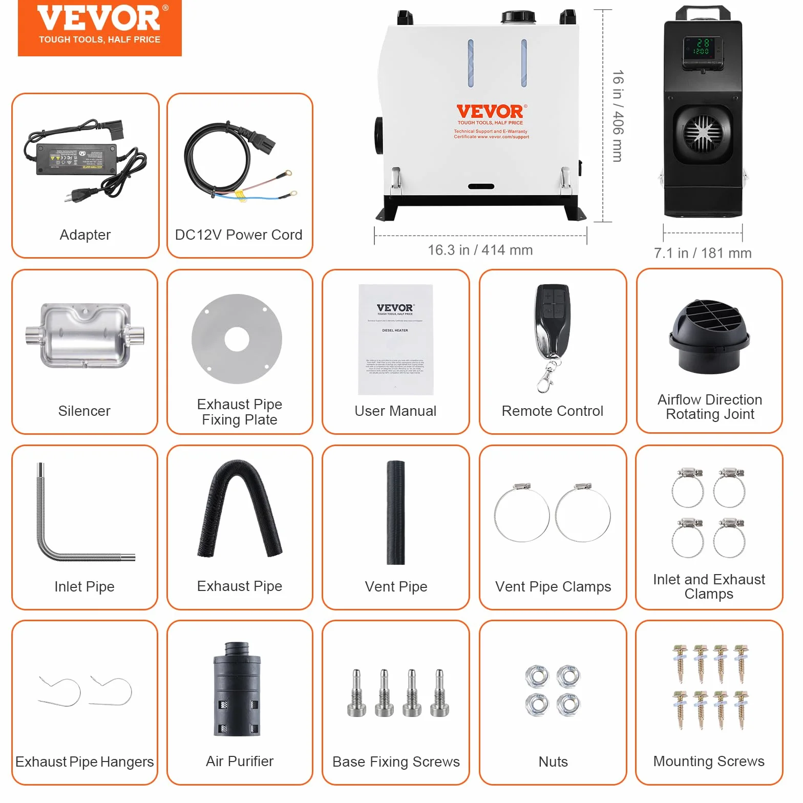 VEVOR All-in-one Diesel Heater 5-8kW Podgrzewacz powietrza na olej napędowy z pilotem LCD Przenośny