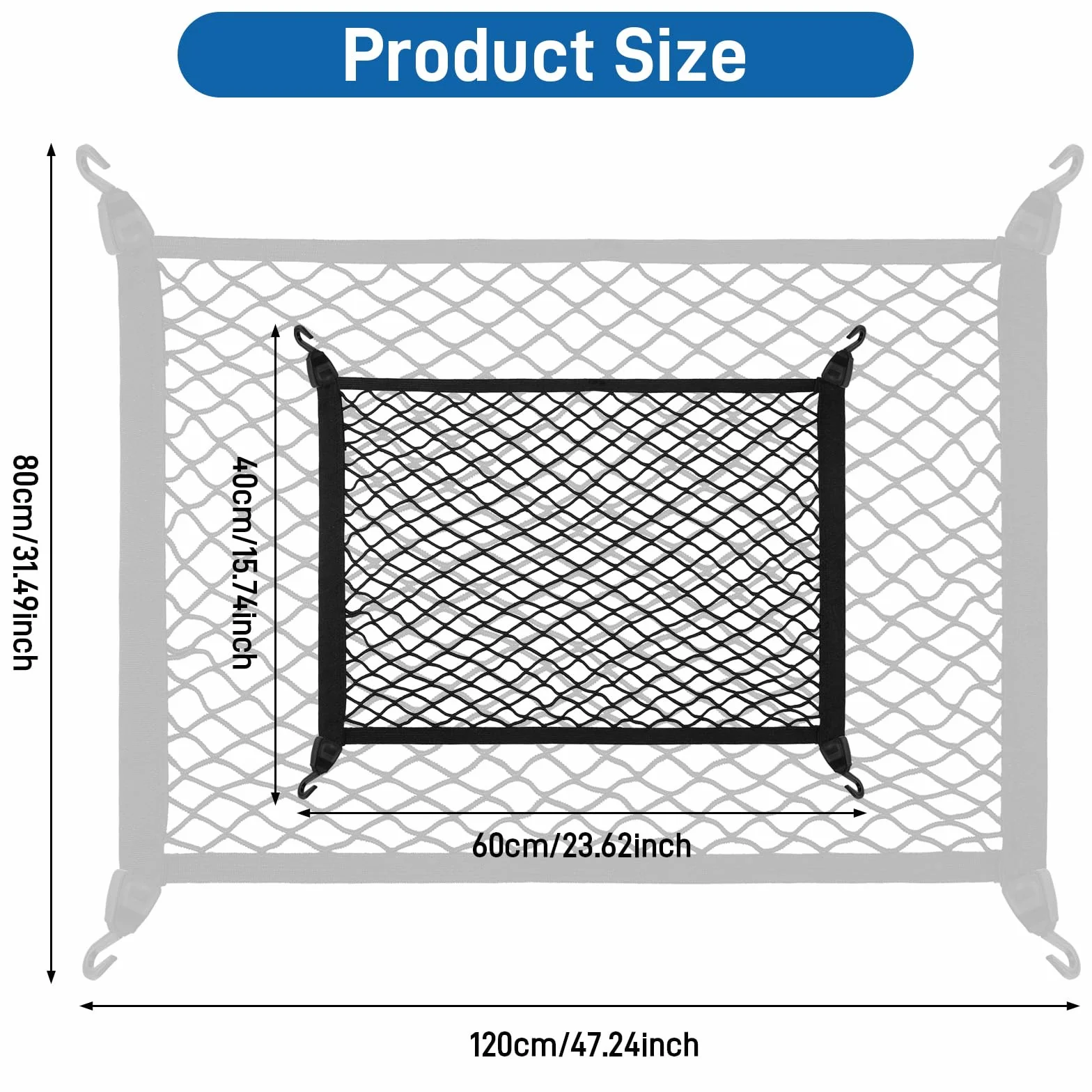 Siatka cargo 60 x 40 cm nylonowy organizer bagażowy do bagażnika samochodowego 4 haczyki czarna