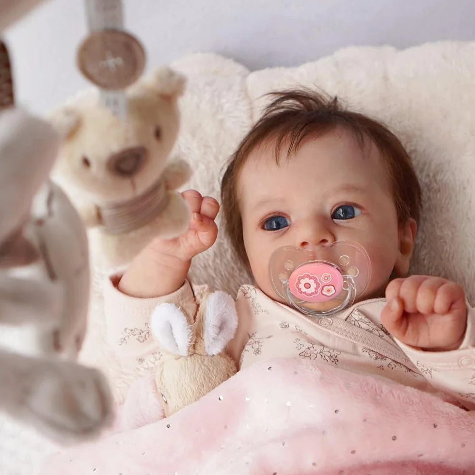 Lalki Reborn Female Realistyczne 50 cm, Oryginalne Lalki Miękkie Winylowe Ciało, Brązowe Włosy, Niebieskie Oczy, Zmywalne, Styl Niemowląt