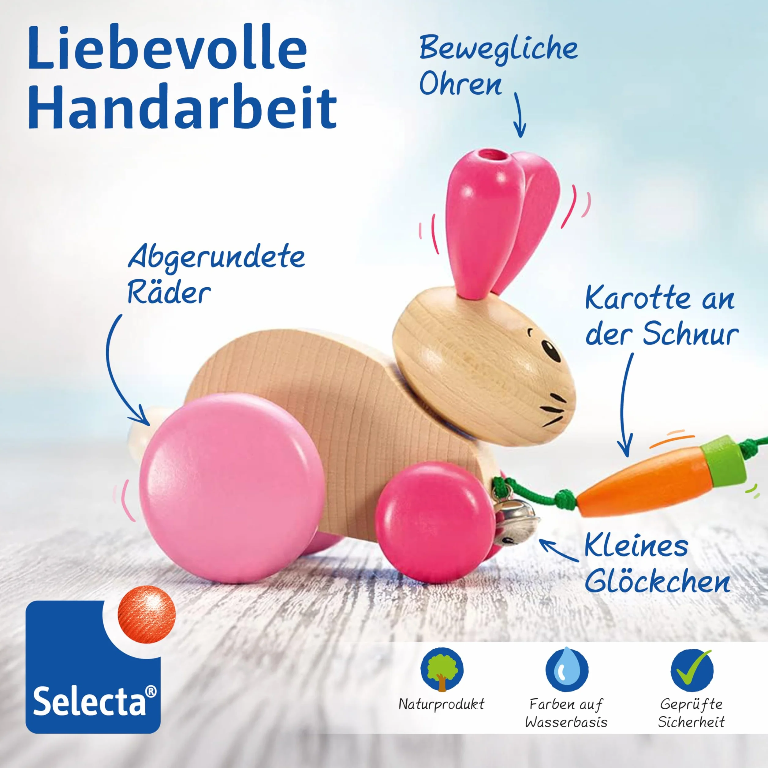 Selecta 62023 Królik Hanna Hoppel, drewniana zabawka do ciągnięcia, 13 cm