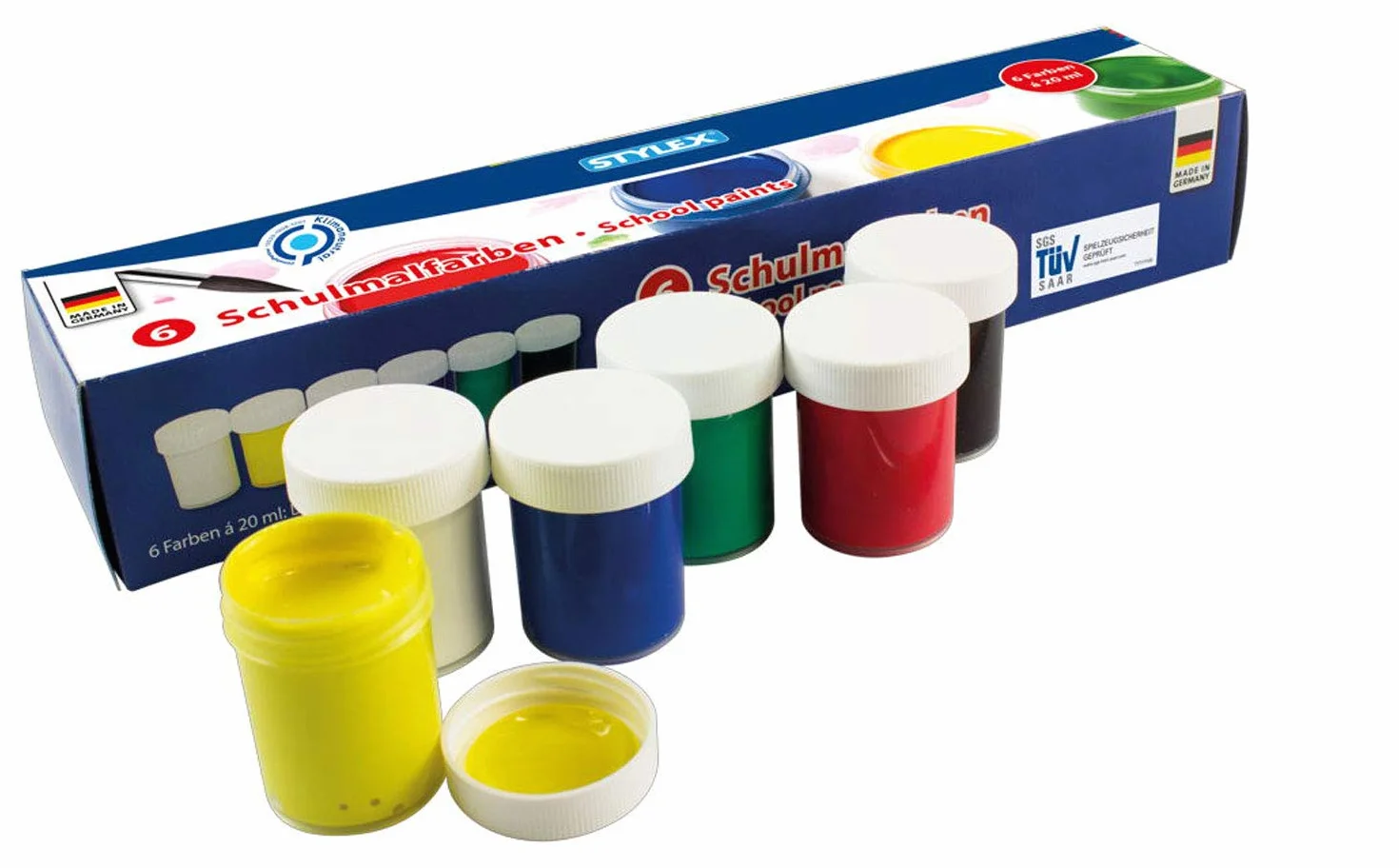 Stylex 28956 - farby szkolne w zestawie, 6 farb malarskich dla dzieci w odcieniach biały, czerwony, niebieski, żółty, zielony i czarny, zamykane pojemniki 20 ml