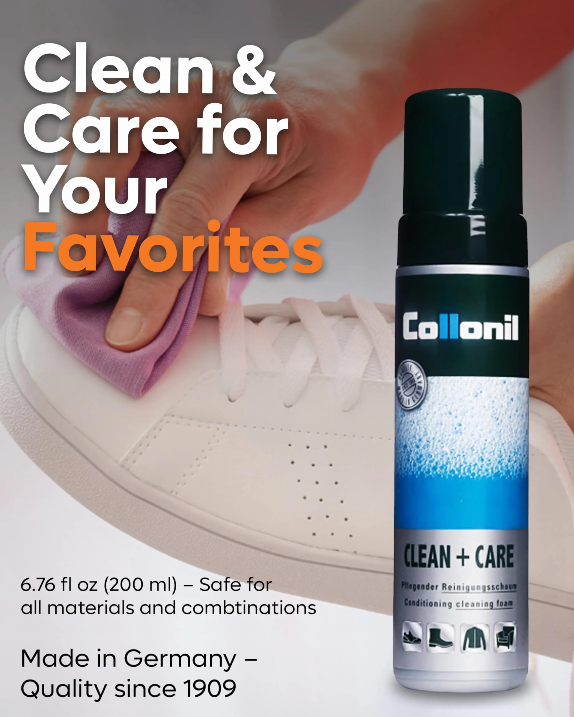 Collonil Clean & Care Classic pianka czyszcząca – delikatna i skuteczna pielęgnacja skóry, zamszu, tekstyliów i syntetyków | uniwersalny środek czyszczący | 200 ml – Made in Germany