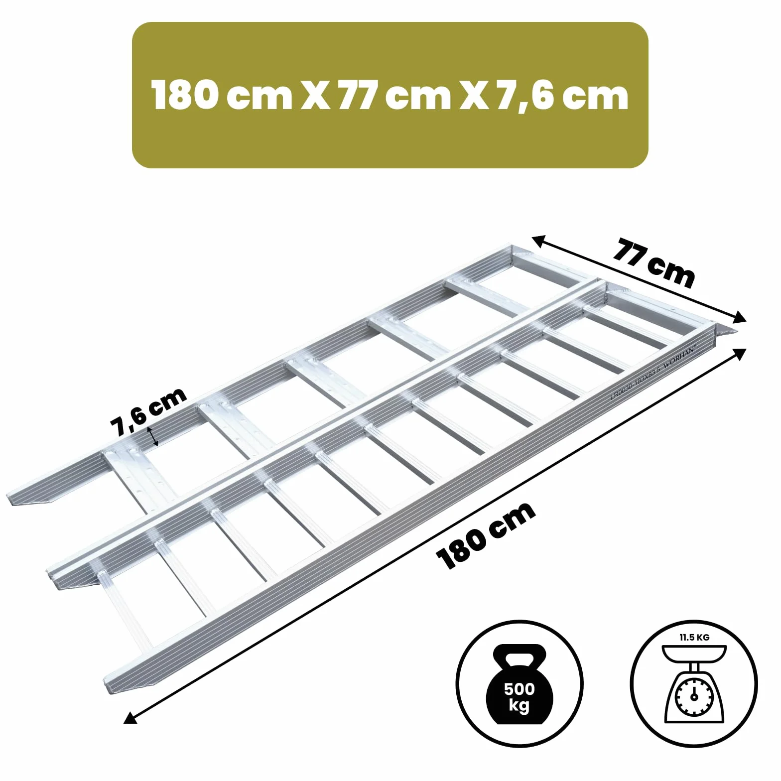 Rampa motocyklowa, 180 cm, bezpieczna rampa do załadunku, składana, mocna, 500 kg, kompaktowa, lekka, z uchwytem do noszenia MR6EUR