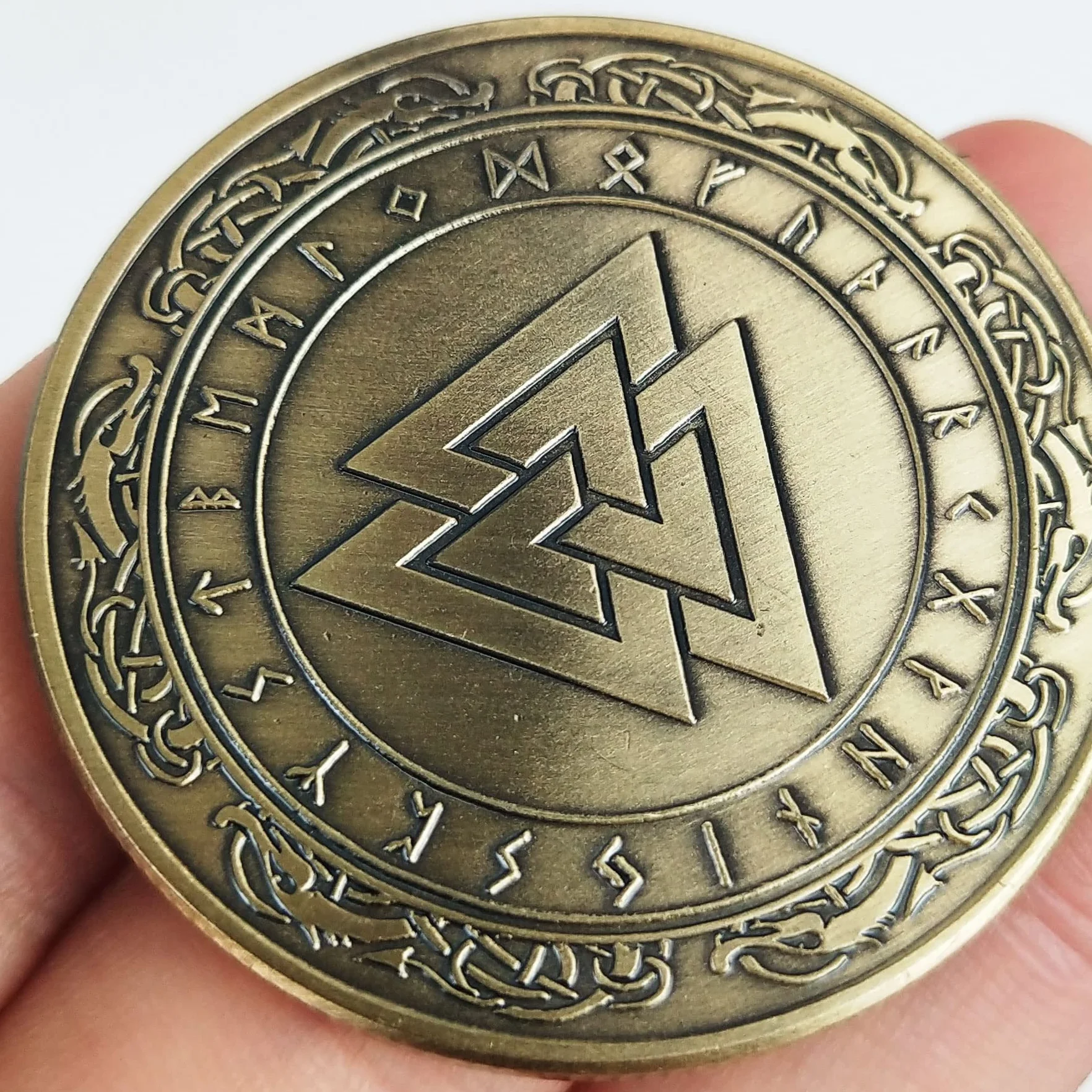 Norse Viking Mjolnir Coin Młot Thora, Coin Mitologia nordycka, talizman (Valknut Coin (Knot of the Slain Warrior))