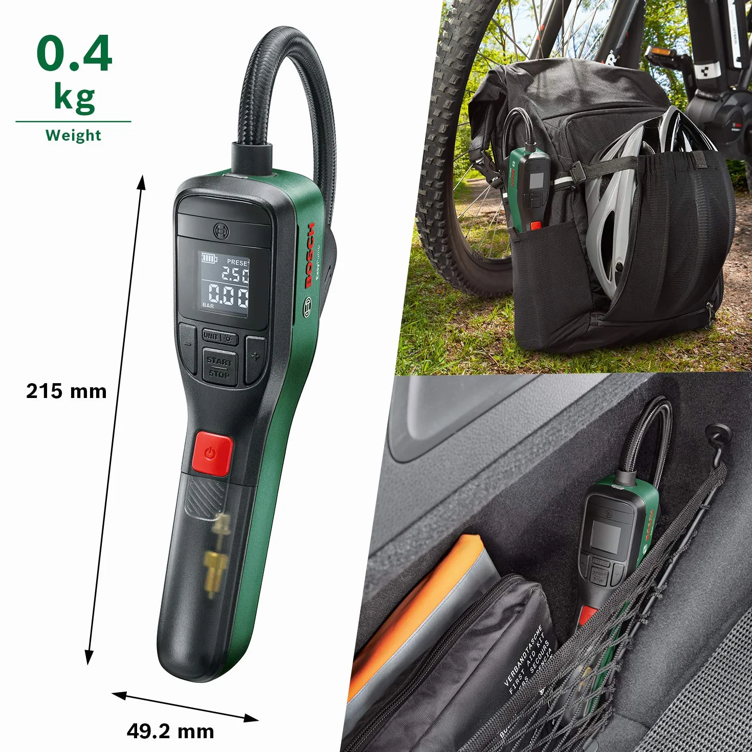 Bosch Home And Garden Elektryczna Pompa Powietrza Mini Kompresor, EasyPump, Akumulator 3,0 Ah, 3,6 V, 150 PSI, 10,3 bar, LED, w Opakowaniu Kartonowym