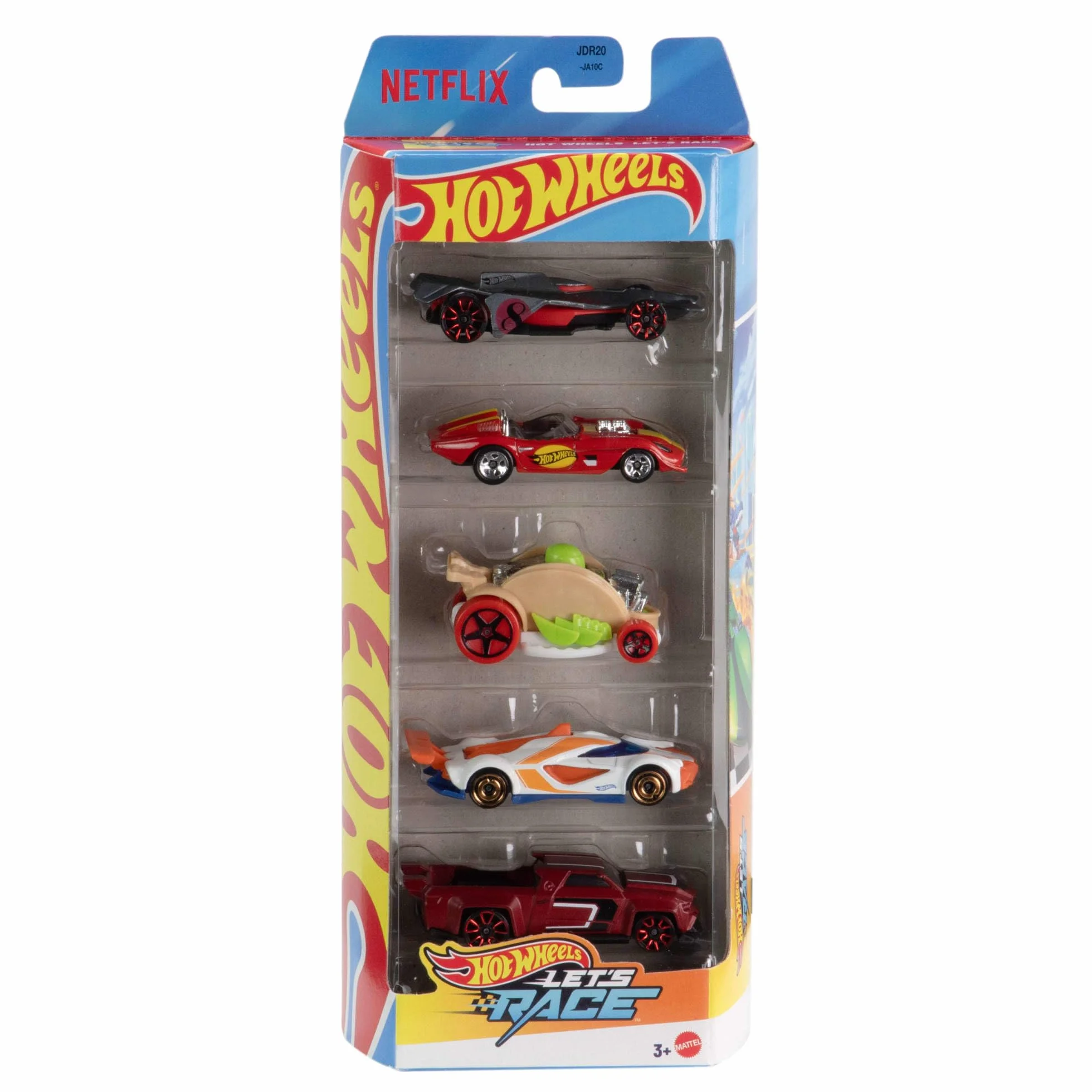 Hot Wheels Let’s Race – Na start! Metalowe samochody 5-pak Zestaw aut zabawek w skali 1:64 inspirowanych serialem Netflixa „Let’s Race – Na start!” JDR20